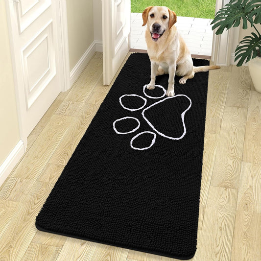 OLANLY Door Mat for Muddy Dog Paws 70x24, Ultra Absorbent Chenille Mud Doormat with Paw Print Design, Non-Slip Washable Doormat for Indoor Entryway, Quick-Dry Pet Bed Mats for Dirty Dogs, Black