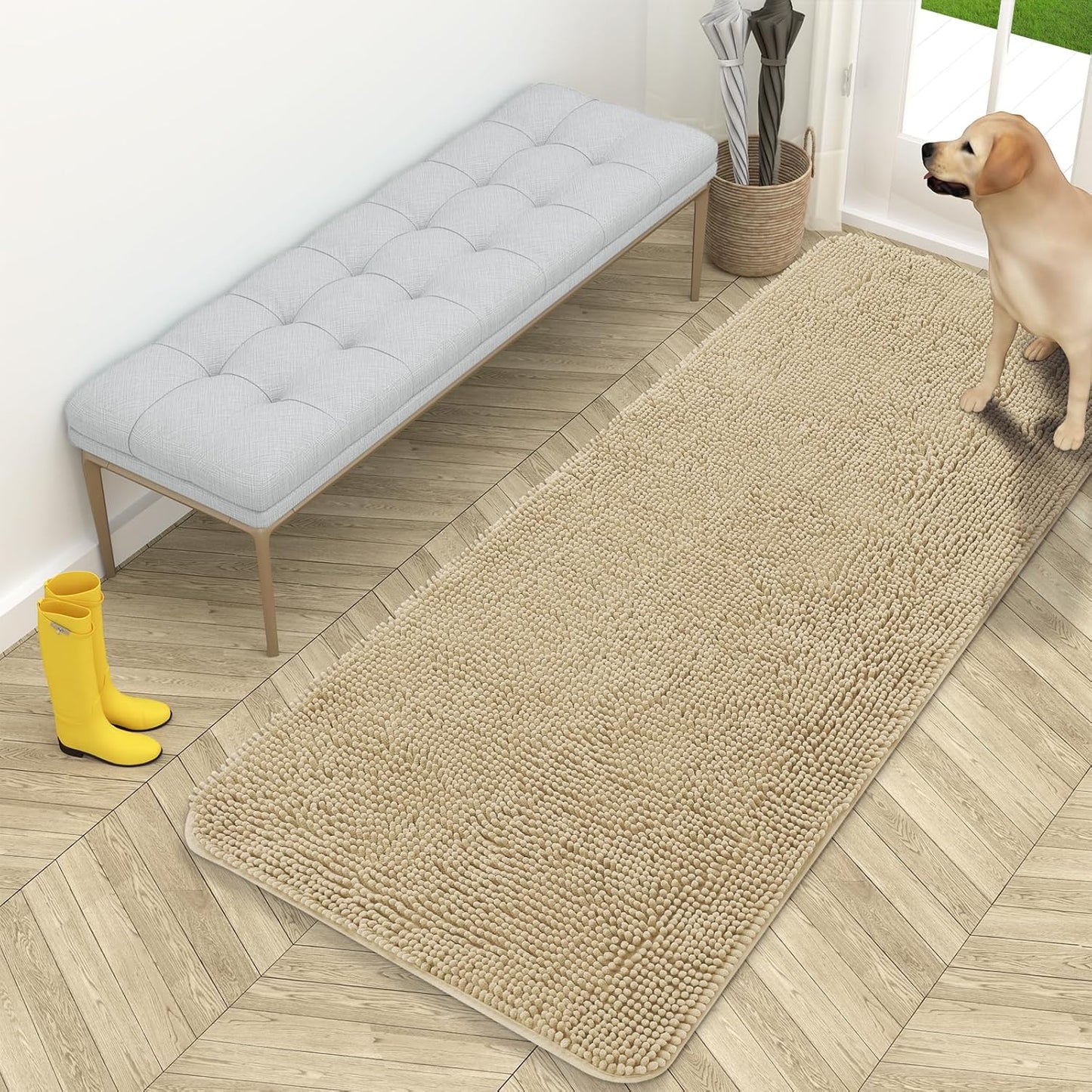 OLANLY Dog Door Mat for Muddy Paws 59x24, Absorbs Moisture and Dirt, Absorbent Non-Slip Washable Doormat, Quick Dry Chenille Mud Mat for Dogs, Entry Indoor Entryway Carpet for Inside Floor, Beige
