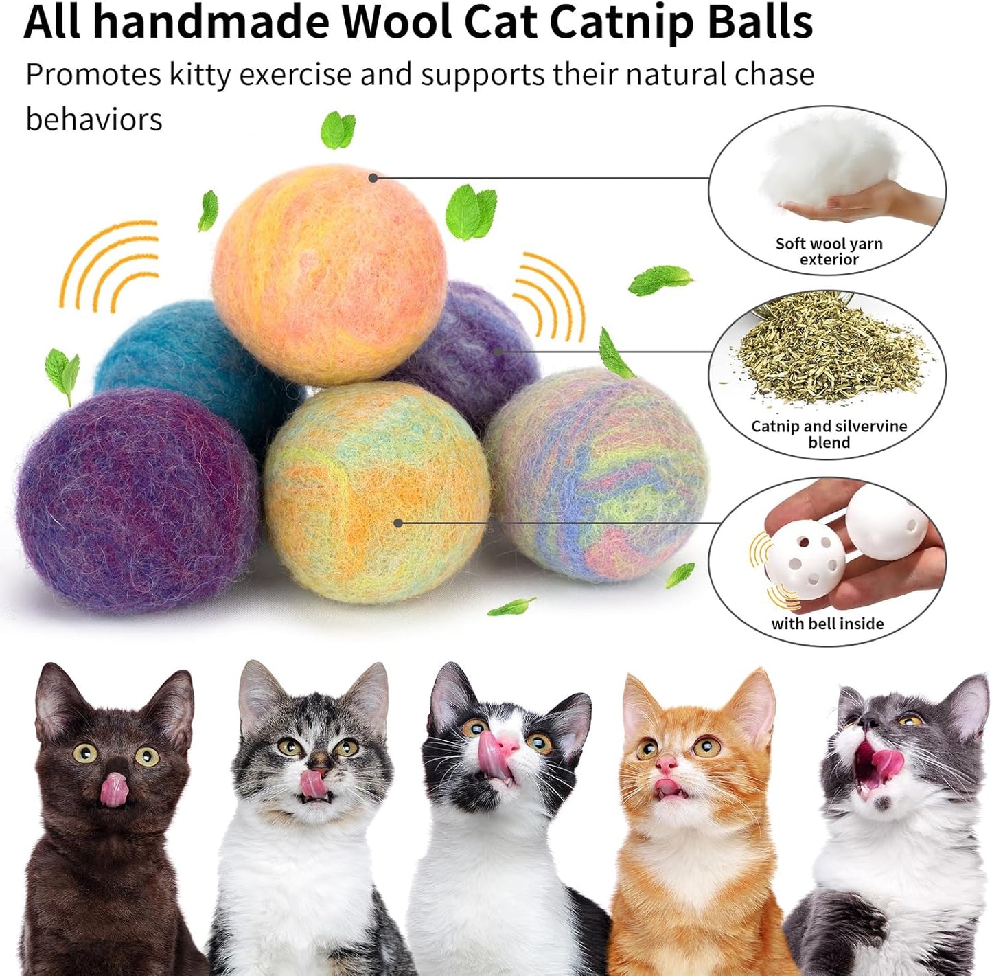 Retro Shaw Cat Toys Balls,Catnip Ball with Bell Inside,Wool Balls Toy with SilverVine Catnip Fill, Upgraded,Interactive Cat Nip Ball for Indoor Kitten Kitty 6 Pcs
