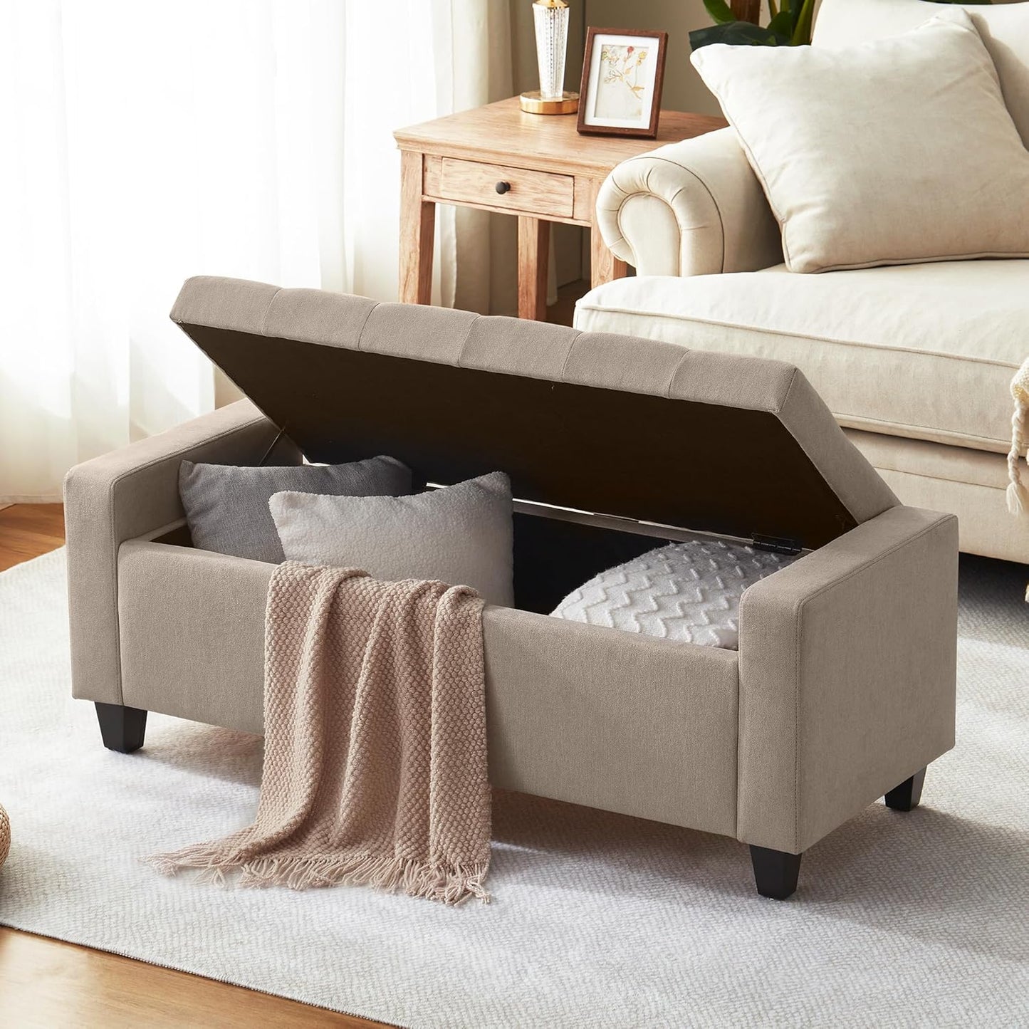 Ottoman with Storage, 48.8" Fabric Storage Ottoman Bench with Hinge, Bedroom Bench, Upholstered Benches with Seating for Living Room, Entryway (Khaki)