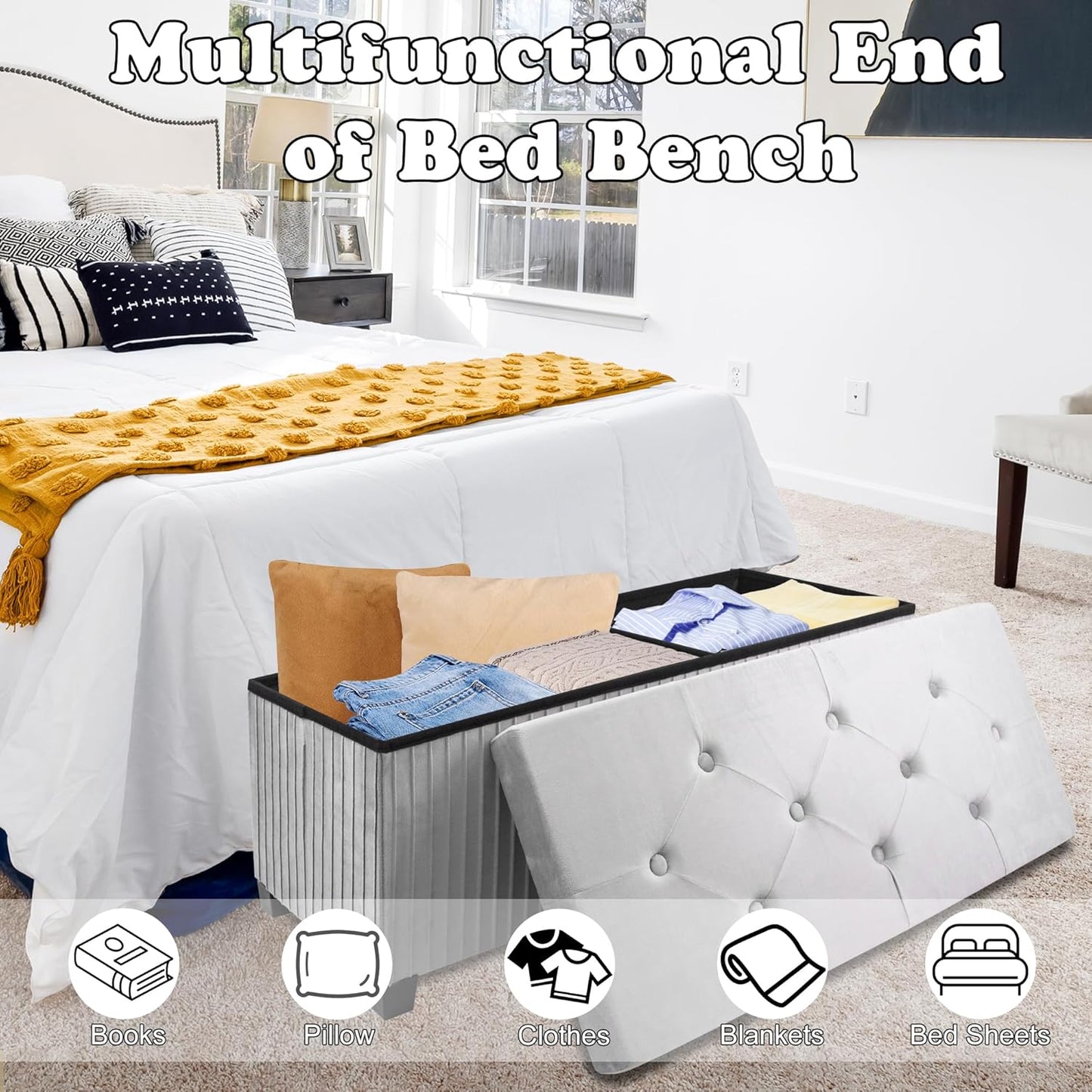 Storage Ottoman Bench, 43 Inch Foldable Ottoman with Legs, Velvet Foot Rest Stool, End of Bed Bench, Storage Chest for Living Room, Bedroom (Grey)