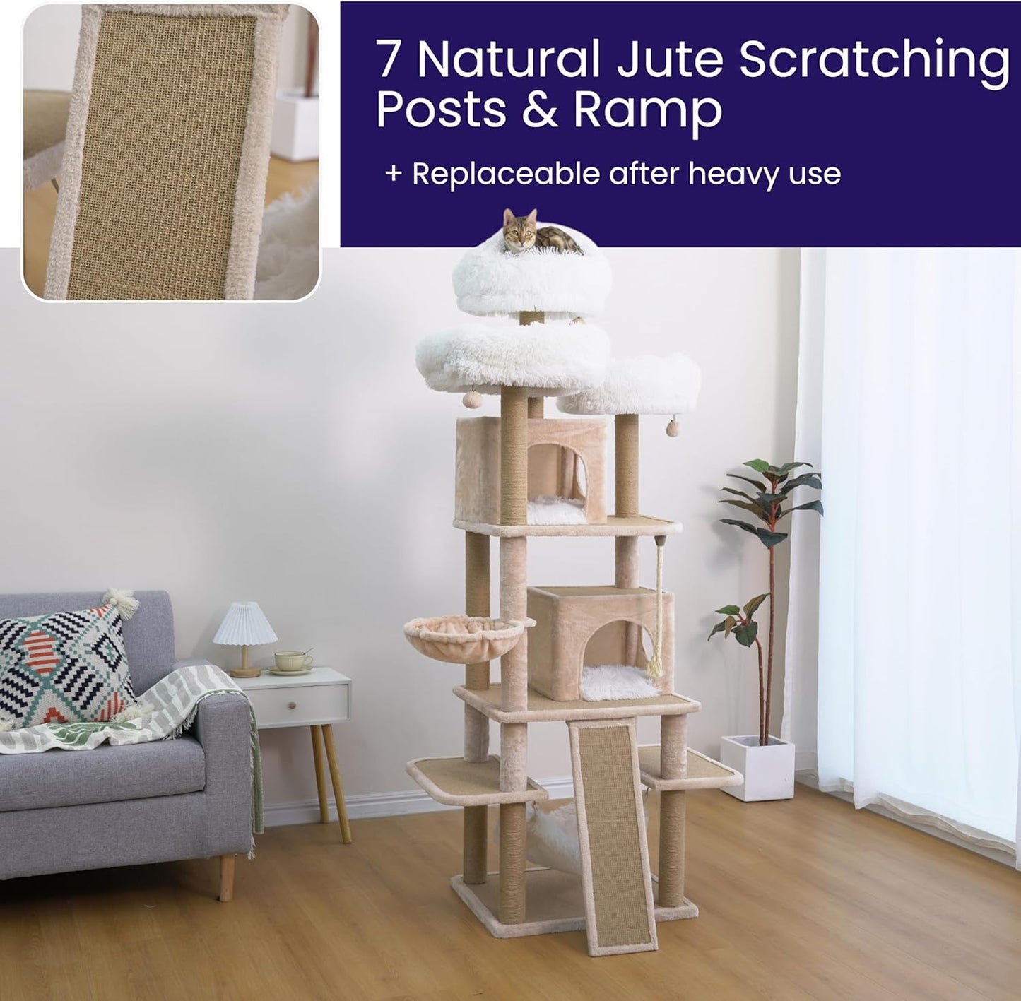 Catry 74.5" High 7-Level Extra Large Cat Tree with 2 Condos,2 Hammock,3 Washable Top Beds, Scratching Ramp Pad, Replaceable Scratching Posts, for Multi-Cat Homes (Light Brown &White)