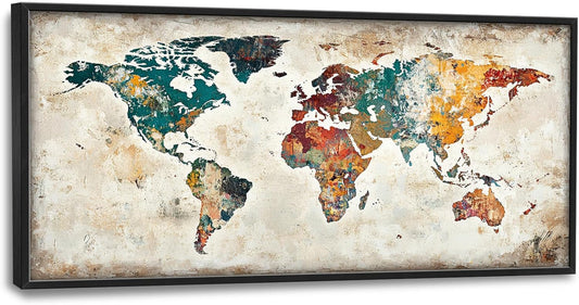 Extra Large Framed World Map Wall Art,Oversized Colorful Vintage Nautical Map Wall Decor Pictures for Living Room,Canvas Print Painting Modern Artwork Office Bedroom Home Decor 60L x30W