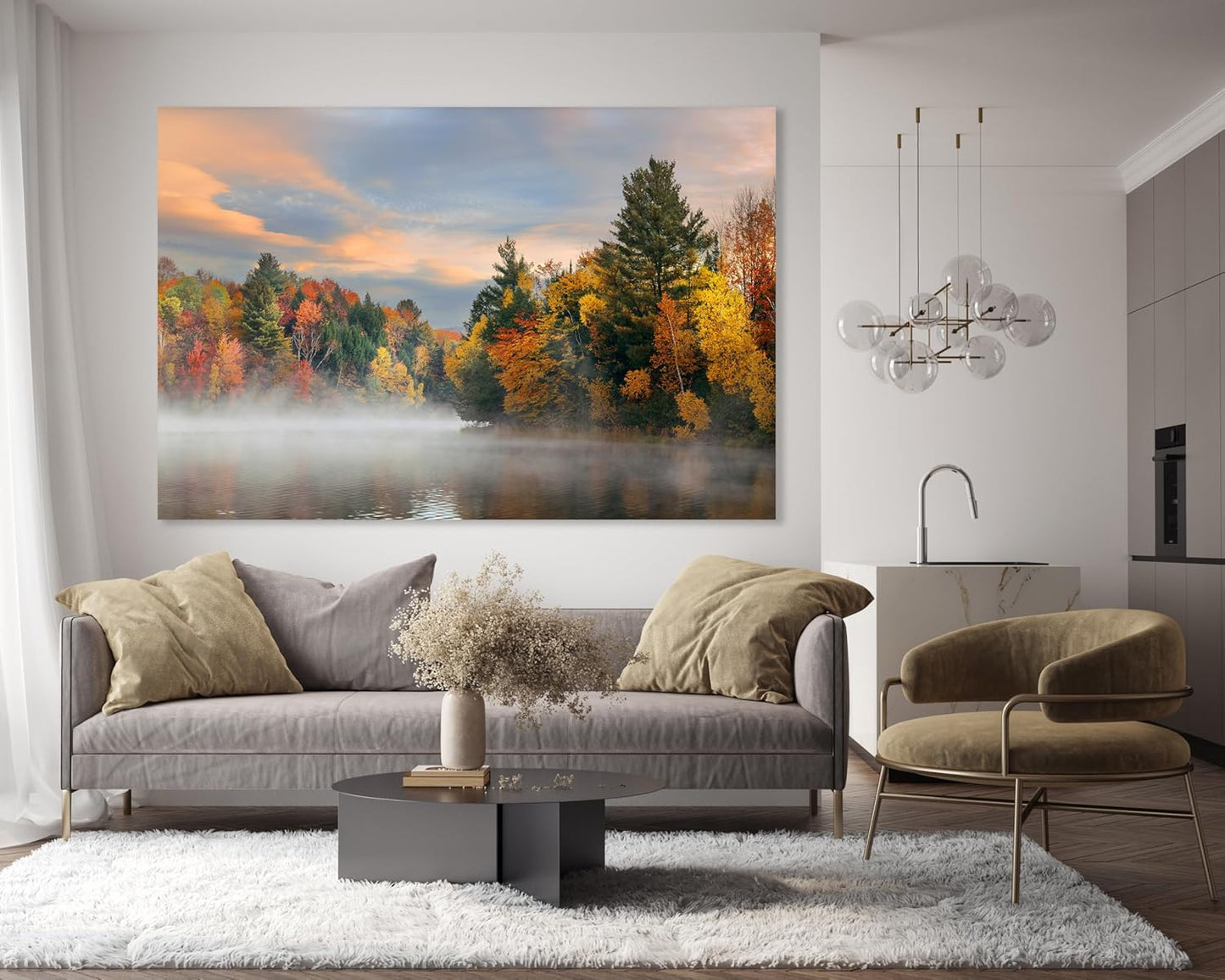 Nature Wall Art Prints - Ocean Forest Mountain Lake Canvas Landscapes - Small to Extra Large Living Room Bedroom Kitchen Bathroom Décor (Misty Fall Reflection, 24L" x 36W")