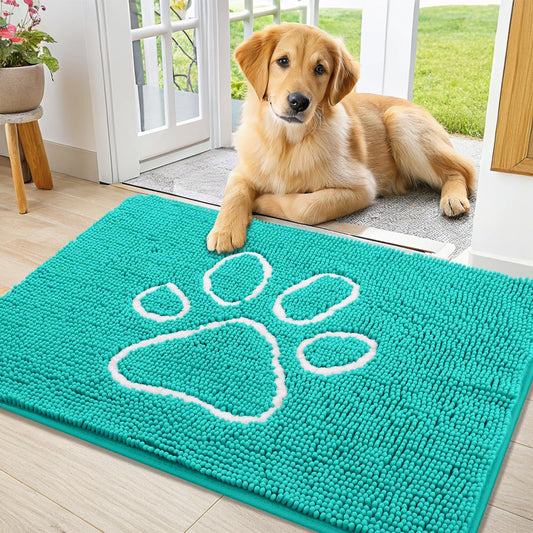 Smiry Dog Door Mat for Muddy Paws, Absorbent Dirt Trapper Non Slip Quick Dry Washable Chenille Mat for Mud Dogs, Entry Rug for Indoor and Outdoor (36x24 Inches, Turquoise)