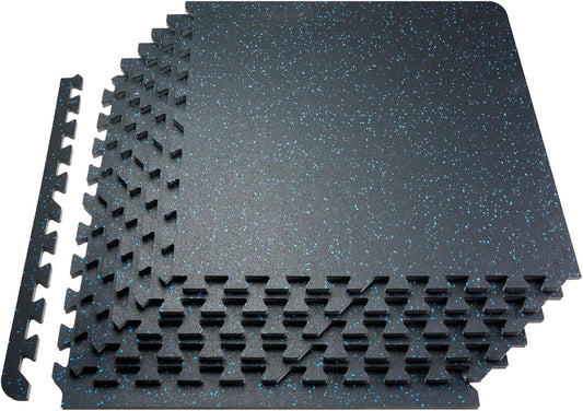 VEVOR 0.56 Inch Thick Gym Floor Tiles, 6 Tiles Rubber Top with EVA Foam, 25" x 25" Gym Flooring Workout Mats with 25 sq.ft Coverage, Interlocking Puzzle Gym Mats for Gym, Home, Garage, Black & Blue