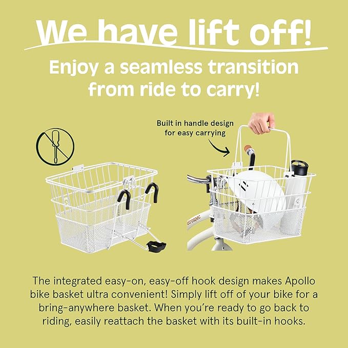 Retrospec Apollo Detachable Front Bike Basket Steel Half-Mesh with Integrated Detachable Hooks and Built-In Handle, Easy Assembly and Portability for Bicycles