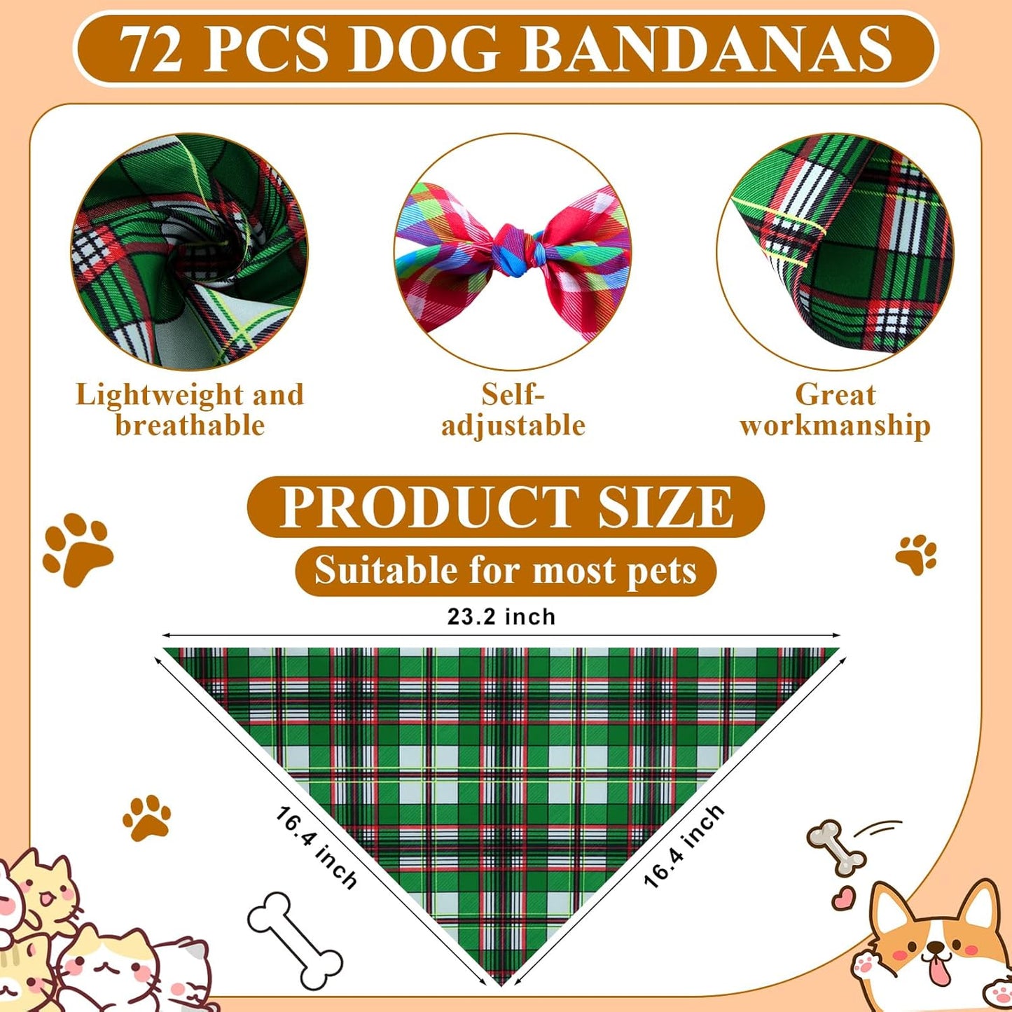 72 Pcs Plaid Dog Bandanas Bulk Triangle Scarf Cat Bibs Puppy Scarf Stripe Bandanas for Puppy Cat Birthday Party Costume