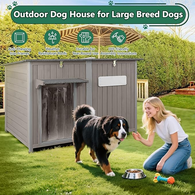 55" Extra Large Outdoor Dog House Weatherproof Wooden Doghouse Indoor for Large Breed Dogs with Anti Bite Frames with Window,10 Elevated Feet, Reinforced Bottom for Pet Up to 220LBS
