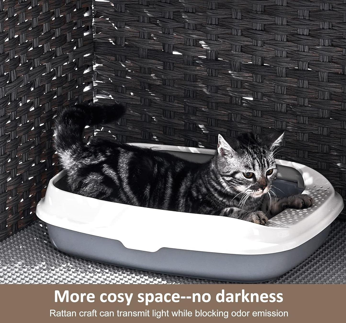 Cat Litter Box Enclosure with Soft Litter Mat; Hidden Kitten Washroom Furniture with Door; Handwoven Rattan Cat House with Large Space; Pet Crate for Living Room, Bedroom, Balcony (Grey)