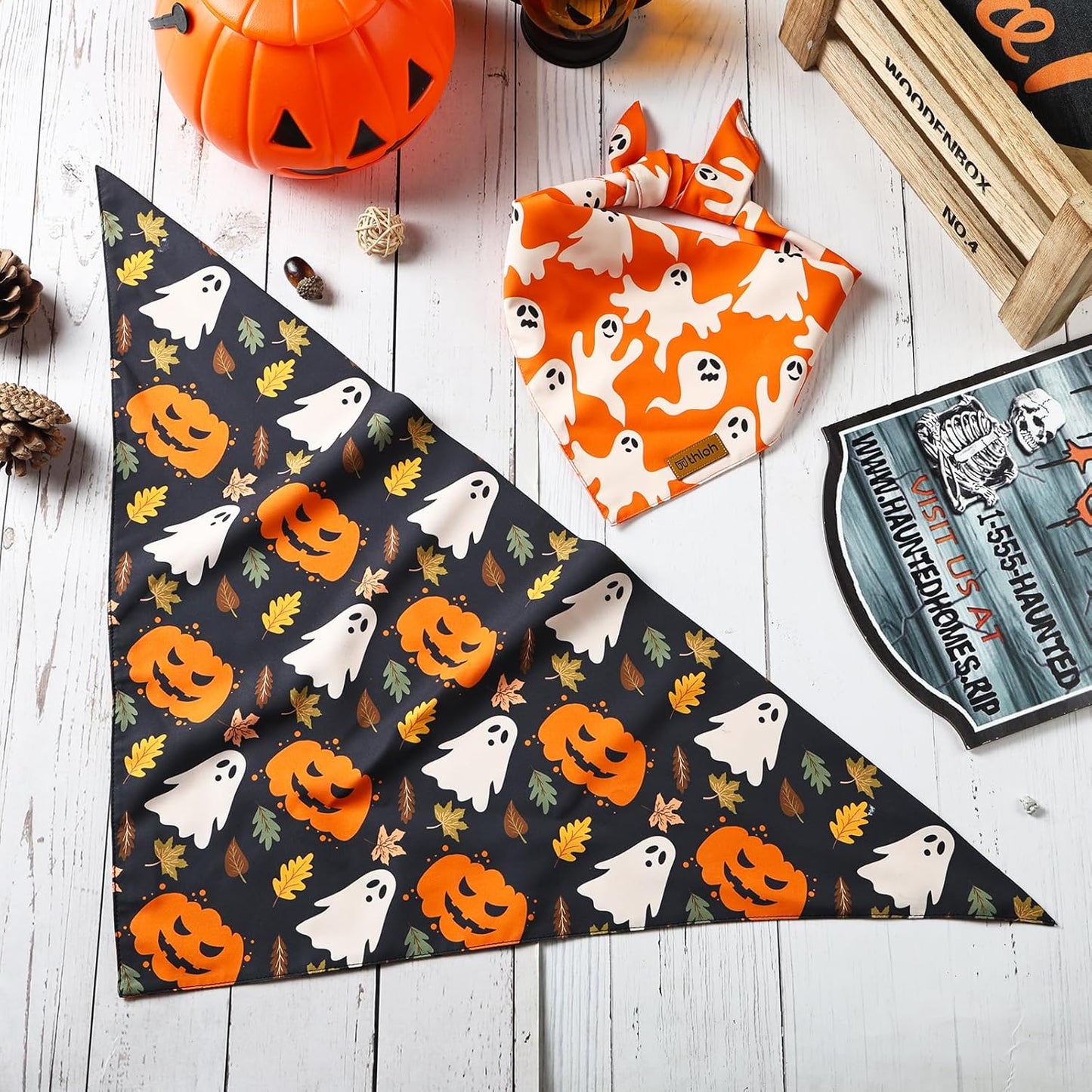 Halloween Dog Bandanas - 2 Pack Fall Dog Bibs | Reversible Pumpkin and Ghost Pet Scarf for Boys and Girls | Premium Durable Fabric | Orange Dog Bandana for Medium and Large Dogs (Large)
