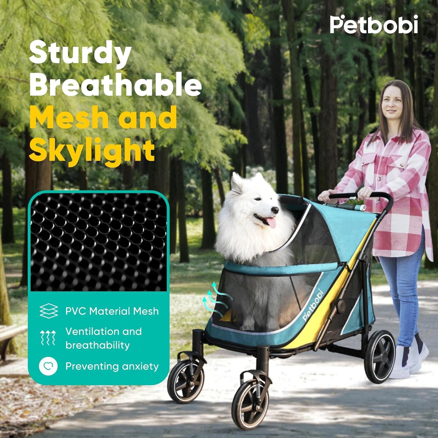 Petbobi Dog Stroller for Medium Dogs - Easy Fold Dual Entry Pet Stroller with One-Foot Brake, All Terrain Wagon Cart with Large Air Mesh, Ideal for Large Senior Pets up to 80 lbs, Green