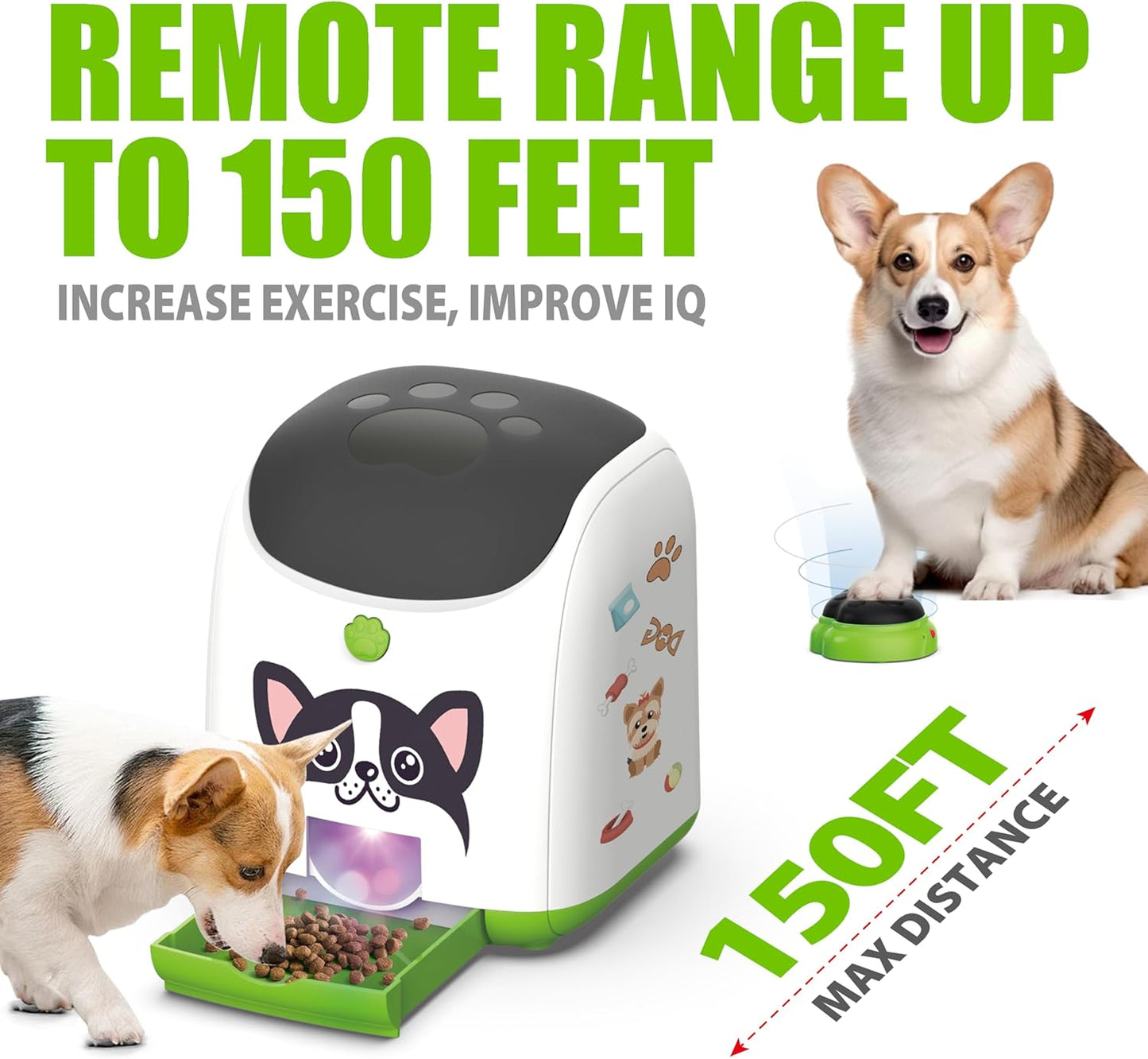 Dog Puzzle Feeder Toy, Automatic Dogs Treat Dispenser,Interactive IQ Training, Dog Slow Feeder,Remote Button Treat Dispenser,All Breeds,Large Capacity with Light (Green)