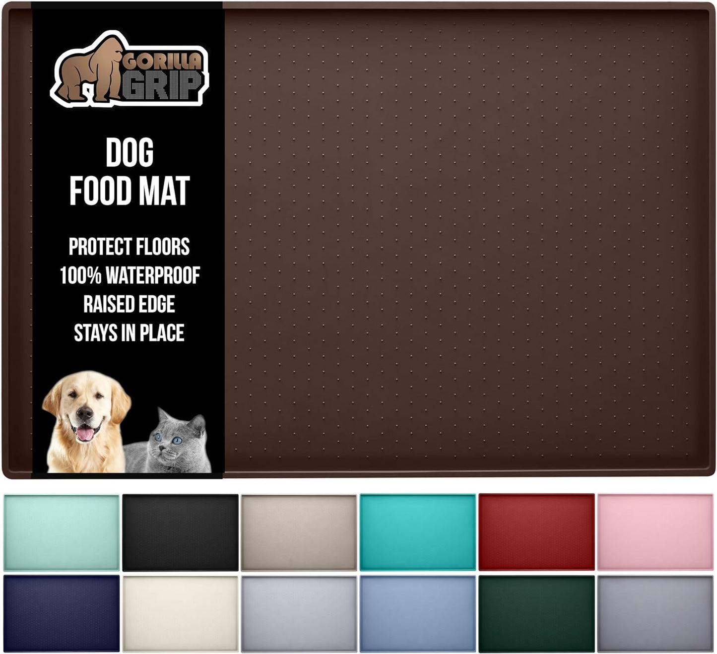 GORILLA GRIP 100% Waterproof Raised Edge BPA Free Silicone Pet Feeding Mat, Dog Cat Food Mats Contain Spills Protects Floors, Placemats for Cats and Dogs Water Bowl, Pets Accessories 18.5x11.5 Brown
