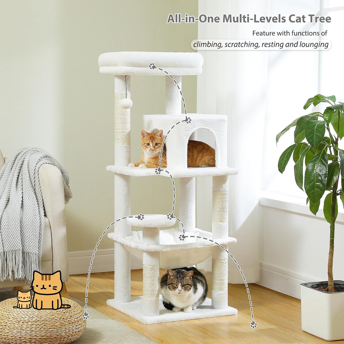 PETEPELA 45.7" Cat Tree for Large Cats, 5-Level Cat Tower for Indoor Cats with Large Hammock (17.3"x15.3"), Cat Condo with (18.5"x13") Big Top Perch & 4 Sisal Covered Scratching Post, White