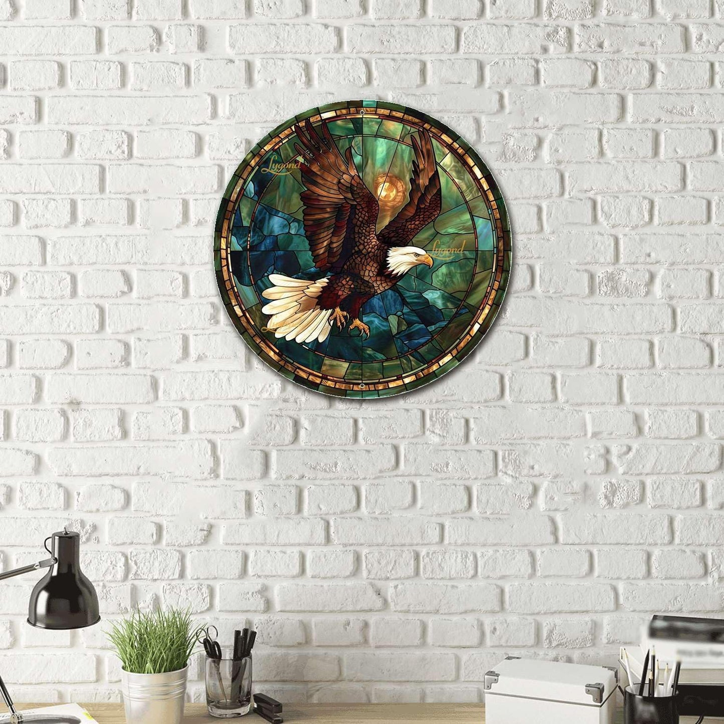 Lygond Metal Sign Tin Sign Circular Stained Glass American Bald Eagle Garden Sign for Restaurant 12×12 Inches