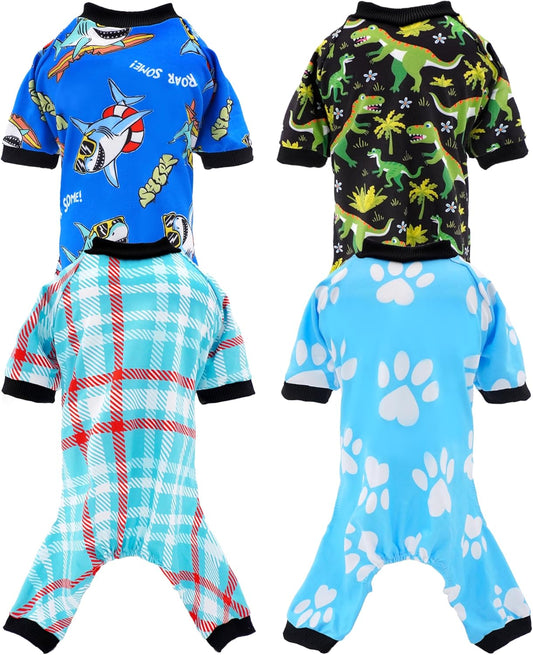 PET SHOW 4 Pack Small Dog Pajamas for Boy Doggies Dinosaur Shark Soft Stretchy PJs Plaid Jumpsuit Puppy Cats Paw Onesies Outfits with Sleeve Pets Breathable Summer Clothes Costume M