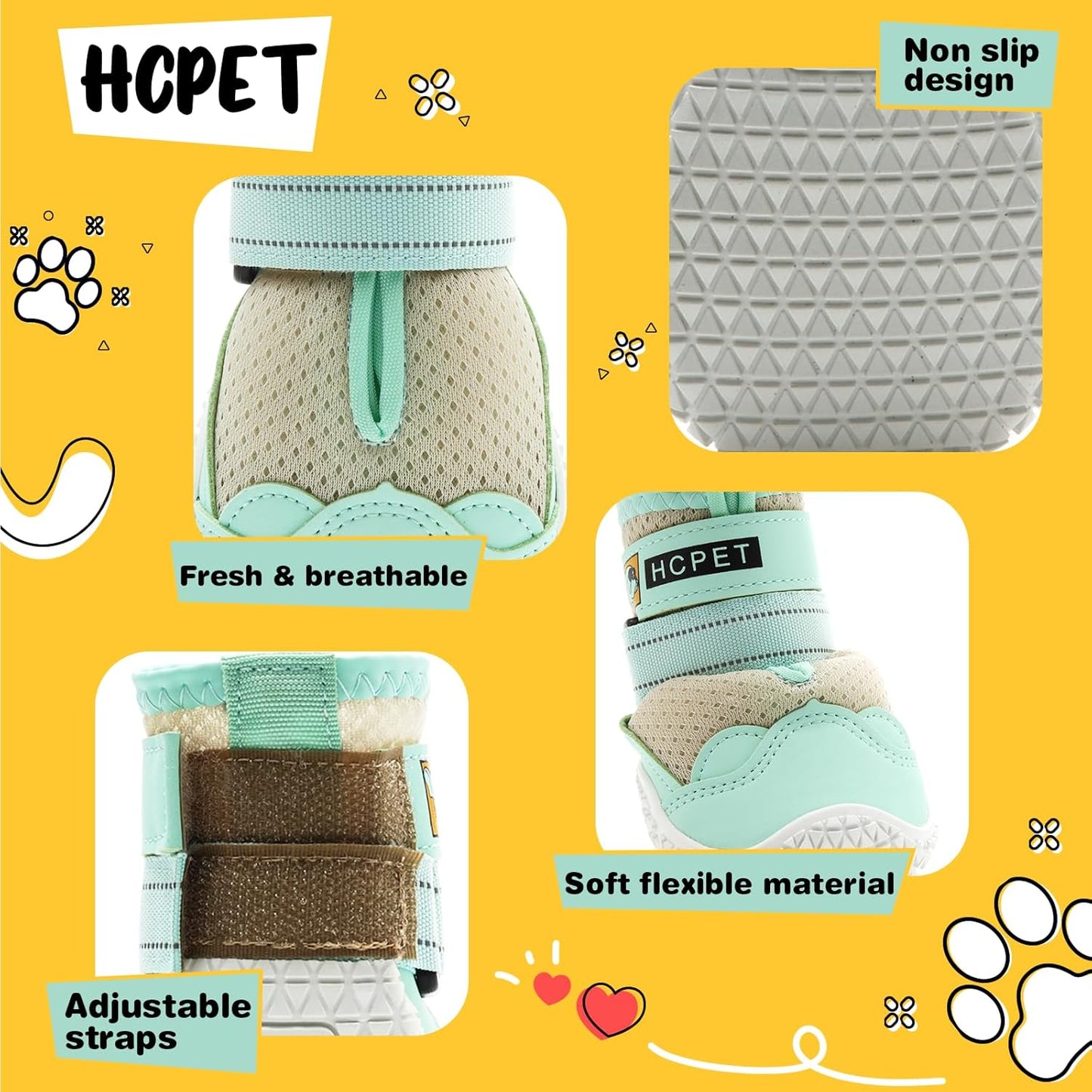 Hcpet Dog Shoes for Large Dogs, Breathable Dog Booties for Small Medium Dogs, Anti-Slip Dog Boots & Paw Protectors for Hot Pavement Winter Snow Hiking with Reflective Straps Green Size 8