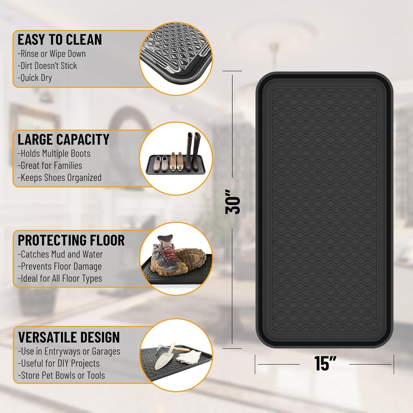 Ottomanson 15” x 30” Multi-Purpose Boot Tray - Waterproof Mat for Shoes, Pet Food, Litter Box, Painting & Planting - 1.2” Raised Edge for Spill Protection