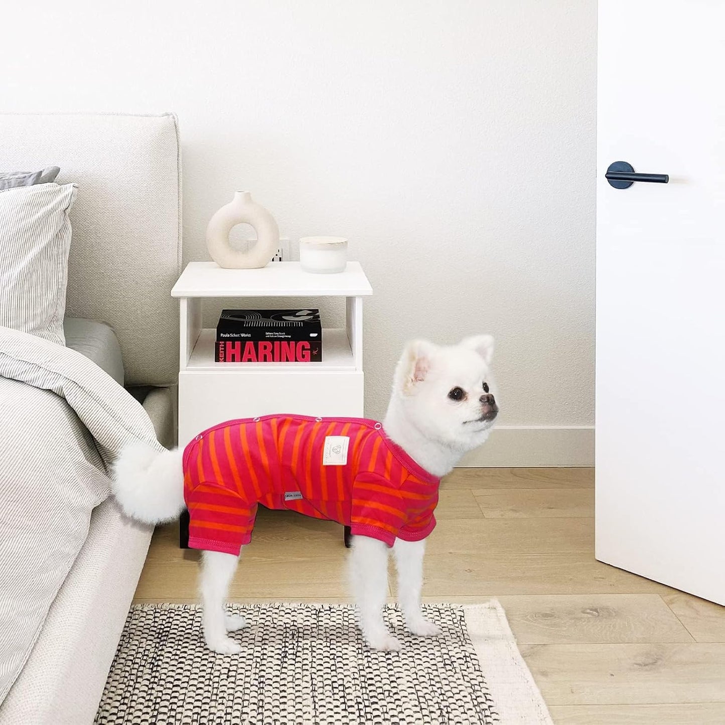 TONY HOBY Female/Male Dog Pajamas, Dog Jumpsuit 4 Legged Pajamas with Stripes, Soft Cotton for Comfortable Sleep (Rose Red&Orange, Boy, M)