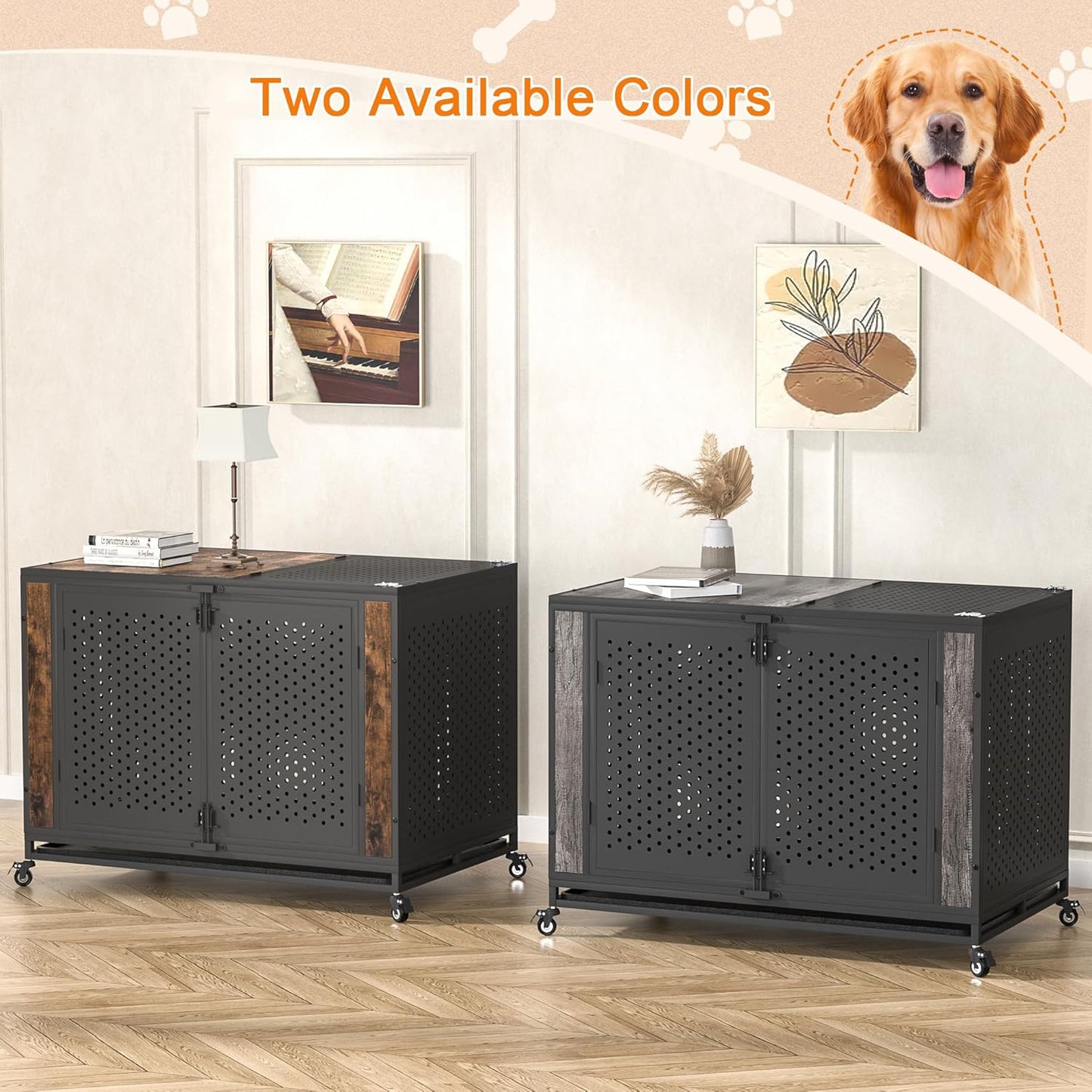 48" Heavy Duty Dog Crate Furniture for Extra Large Dogs, Enclosed Design with 0.5 inch Holes, Indestructible Metal Kennel for High Anxiety Dogs, Chew Proof Pet Cage House Indoor, Brown