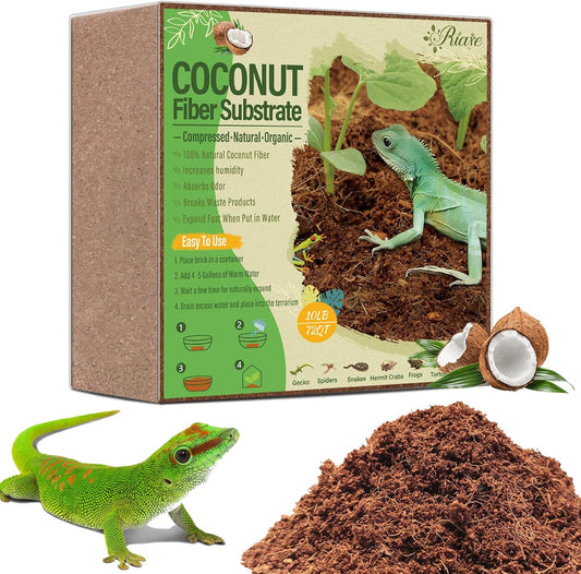 Riare 10LBS Natural Coconut Fiber Substrate for Reptile- Premium Compressed Coconut Husk Terrarium Bedding for Reptile, Tortoise, Frogs, Snakes, Hermit Crabs, Burrowing Animals