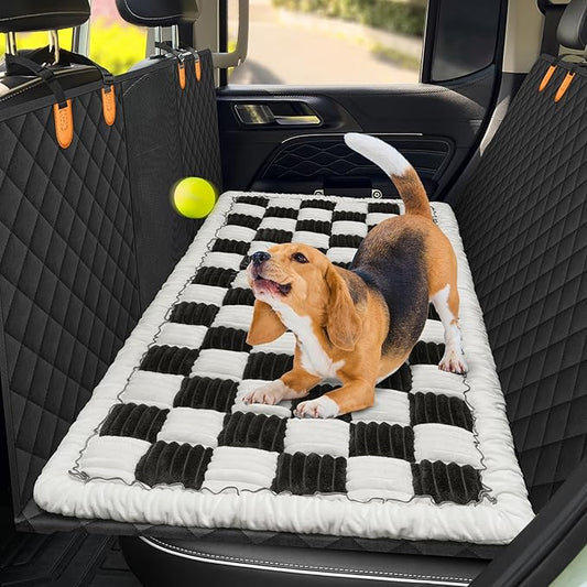 Backseat Pet Bed Mat, Non-Slip Plaid Dog Bed for Car Back Seat, Flannel Backseat Dog Bed, Fit for Backseat Extenders and Trucks SUVs (Black&White, 24.8x54 inch)
