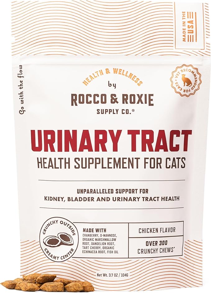 Rocco & Roxie Cat Urinary Tract Health Supplement, Cranberry and D-Mannose for Kidney, Bladder, and UT Support, Vet Recommended Chicken Flavored Crunchy Chews Cats Love, Made in USA