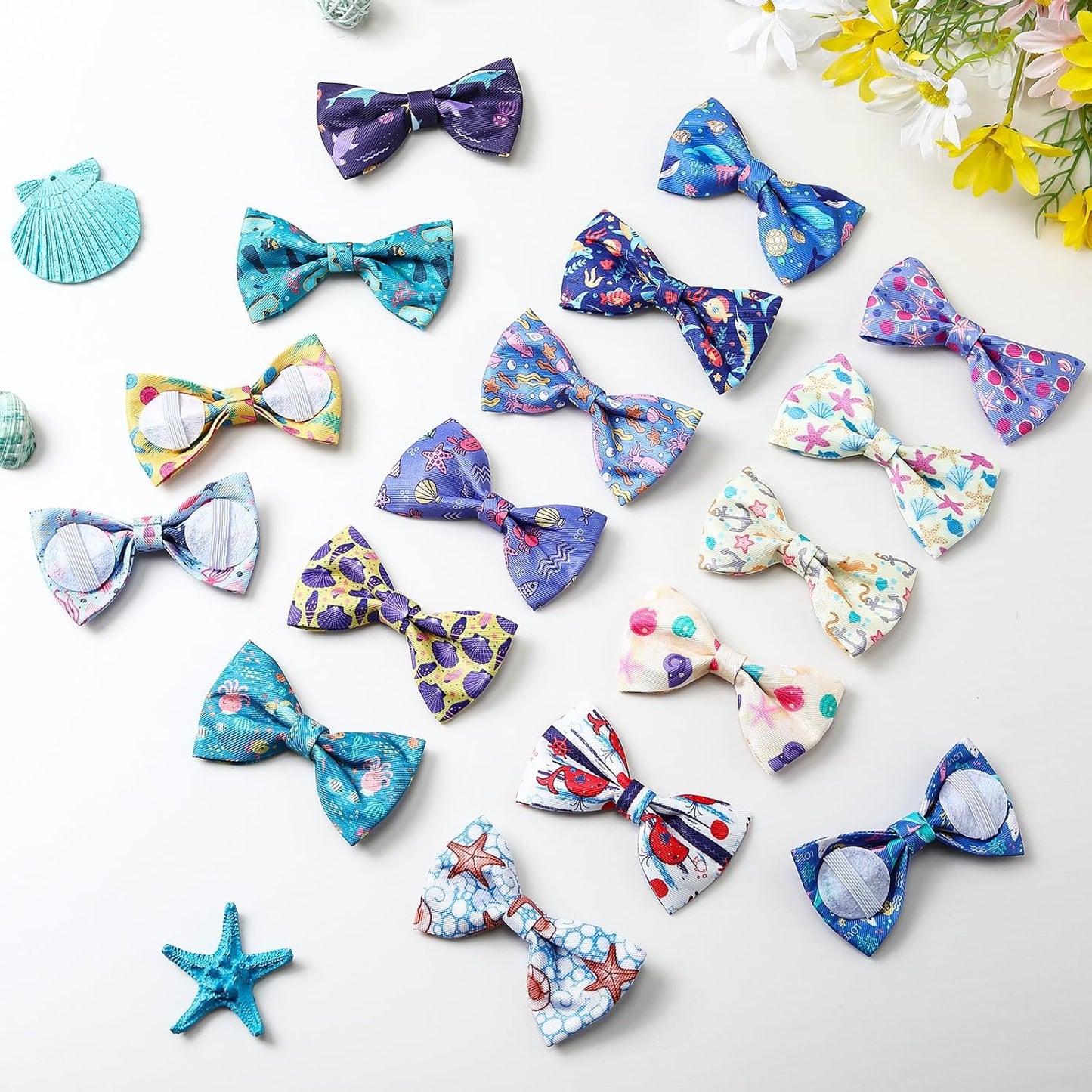 Reginary 50 Pieces Dog Bow Ties Pet Collar Bow Puppy Collar Attachment with Rubber Bands for Small Medium Cat Pet Grooming Charms Accessories Wedding Birthday Occasion(Sea Style)
