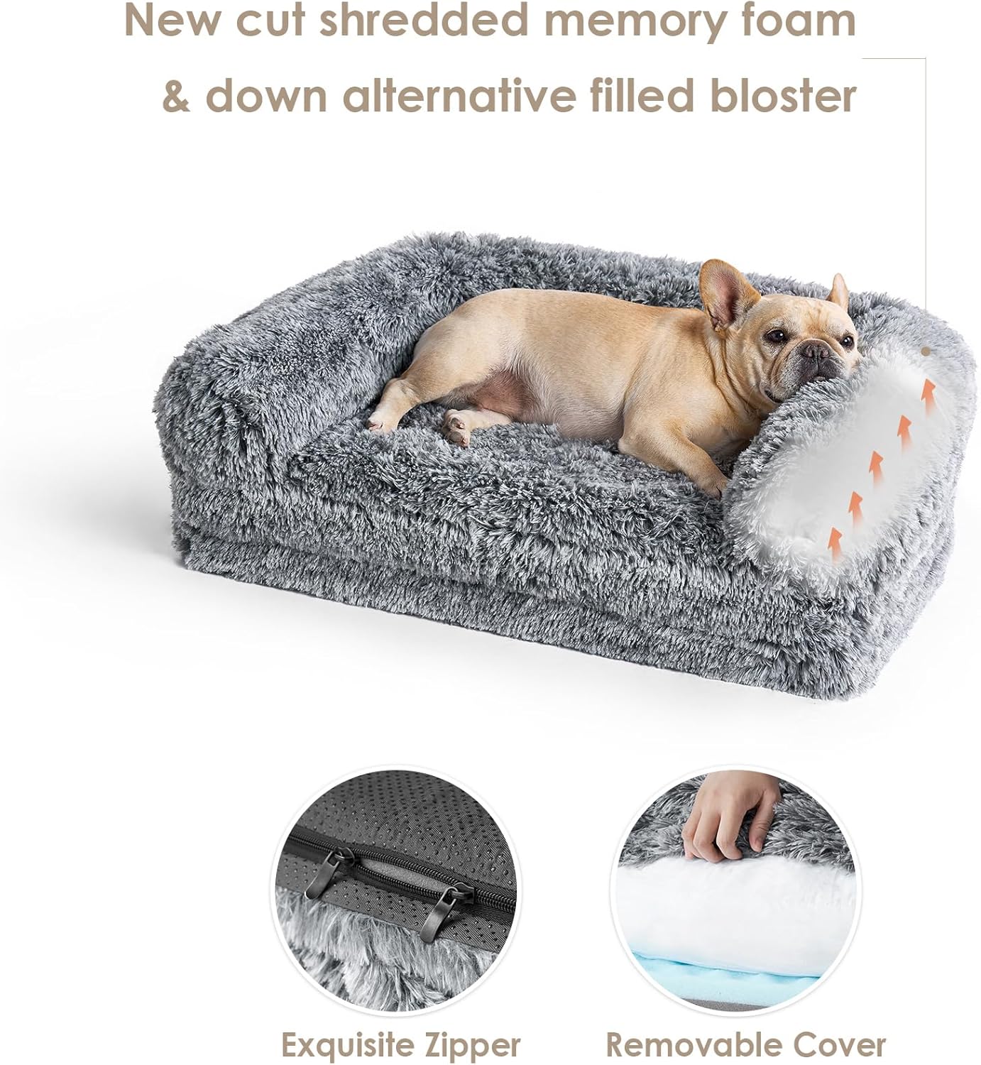 EHEYCIGA Foldable Dog Bed, Faux Fur Fluffy Dog Couch Bed, Orthopedic Calming Memory Foam Pet Bed for Small Dogs, Washable Soft Warm Pet Sofa Bed with Non-Slip Bottom, Grey, 40"x30"x6"