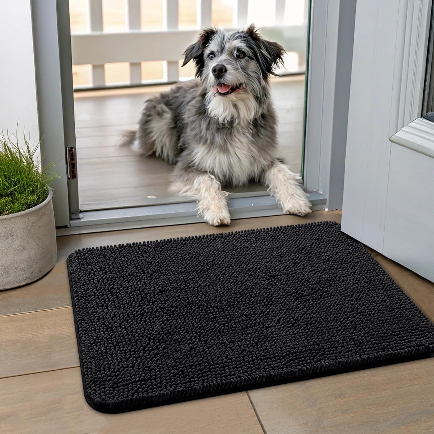 Smiry Dog Door Mat for Muddy Paws 24x16, Absorbs Moisture and Dirt Doormat, Non-Slip Washable Quick Dry Chenille Front Door Mat Indoor Entrance, Entryway Carpet for Inside Floor, Black