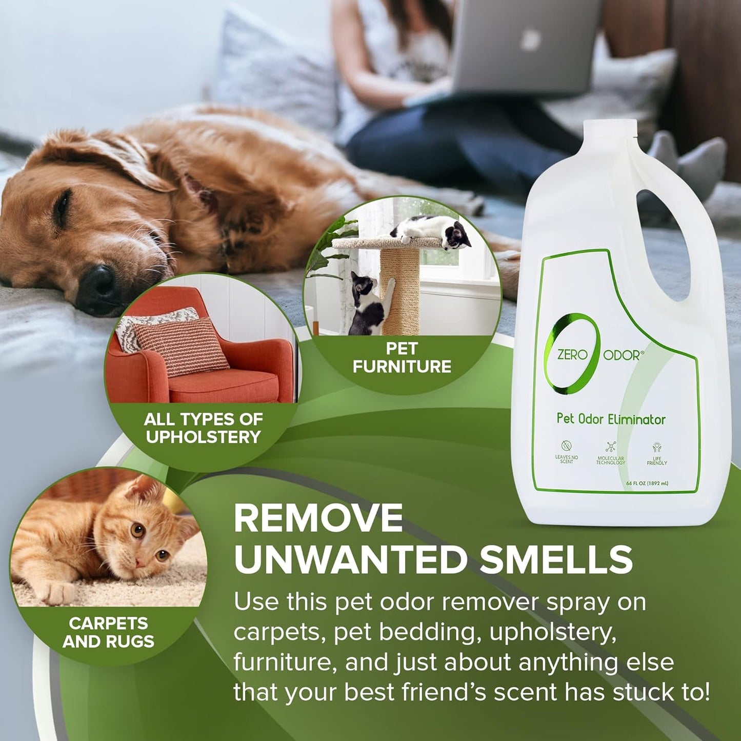 Zero Odor - Pet Odor Eliminator for strong odor, Eliminate Air & Surface Odors – Patented Molecular Technology Best For Carpet, Furniture, Beds Smell Great Again, 64oz Refill