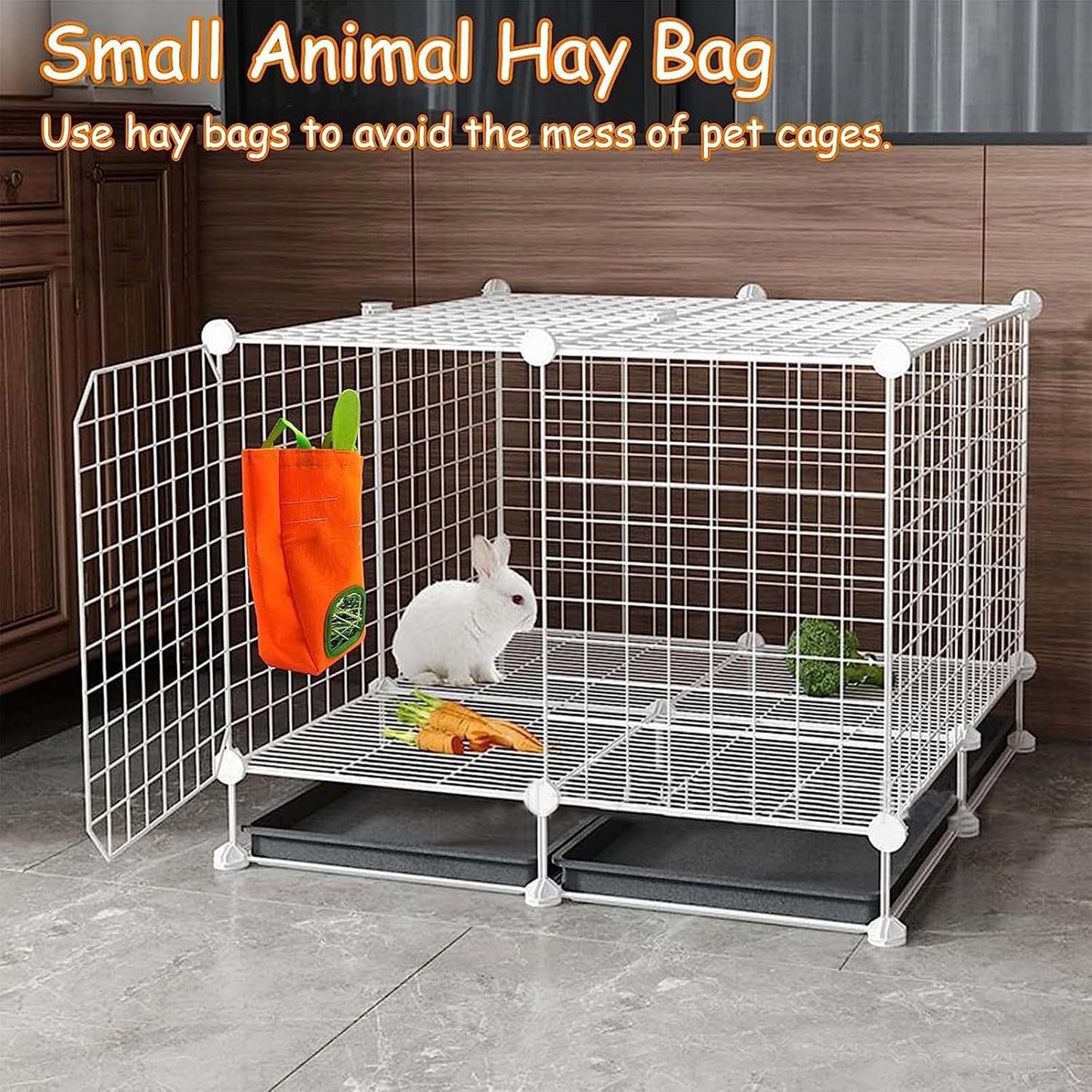 GKYZBB Rabbit Hay Feeder Bag for Cage Guinea Pig Timothy Hay Dispenser Storage Manger Hanging Large Less Waste for Bunny（Carrot）