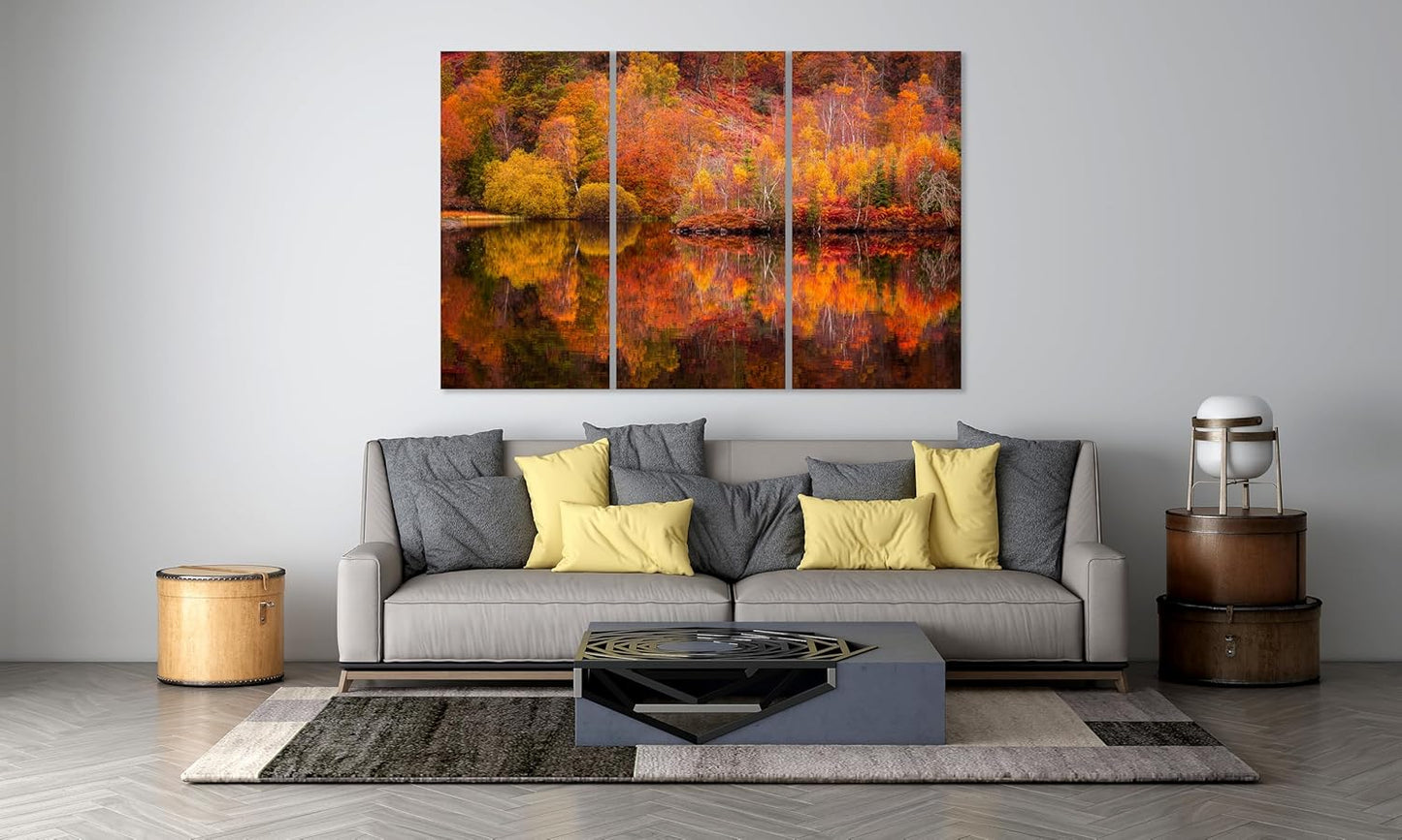 Nature Wall Art Prints - Ocean Forest Mountain Lake Canvas Landscapes - Small to Extra Large Living Room Bedroom Kitchen Bathroom Décor (Autumn Forest with Lake, 35L" x 53W" - 3 Panels)