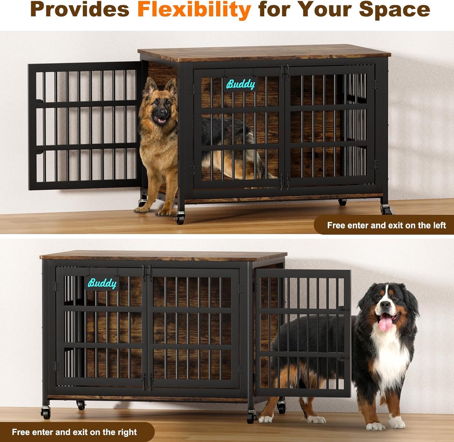 EasyCom 48"/42"/33" Dog Crate Furniture with Name Tag, Heavy Duty Dog Kennel Indoor for Large Dogs, Escape-Proof and Chew-Proof Dog Cage for high Anxiety Dog, Decorate House as TV Stand, End Table