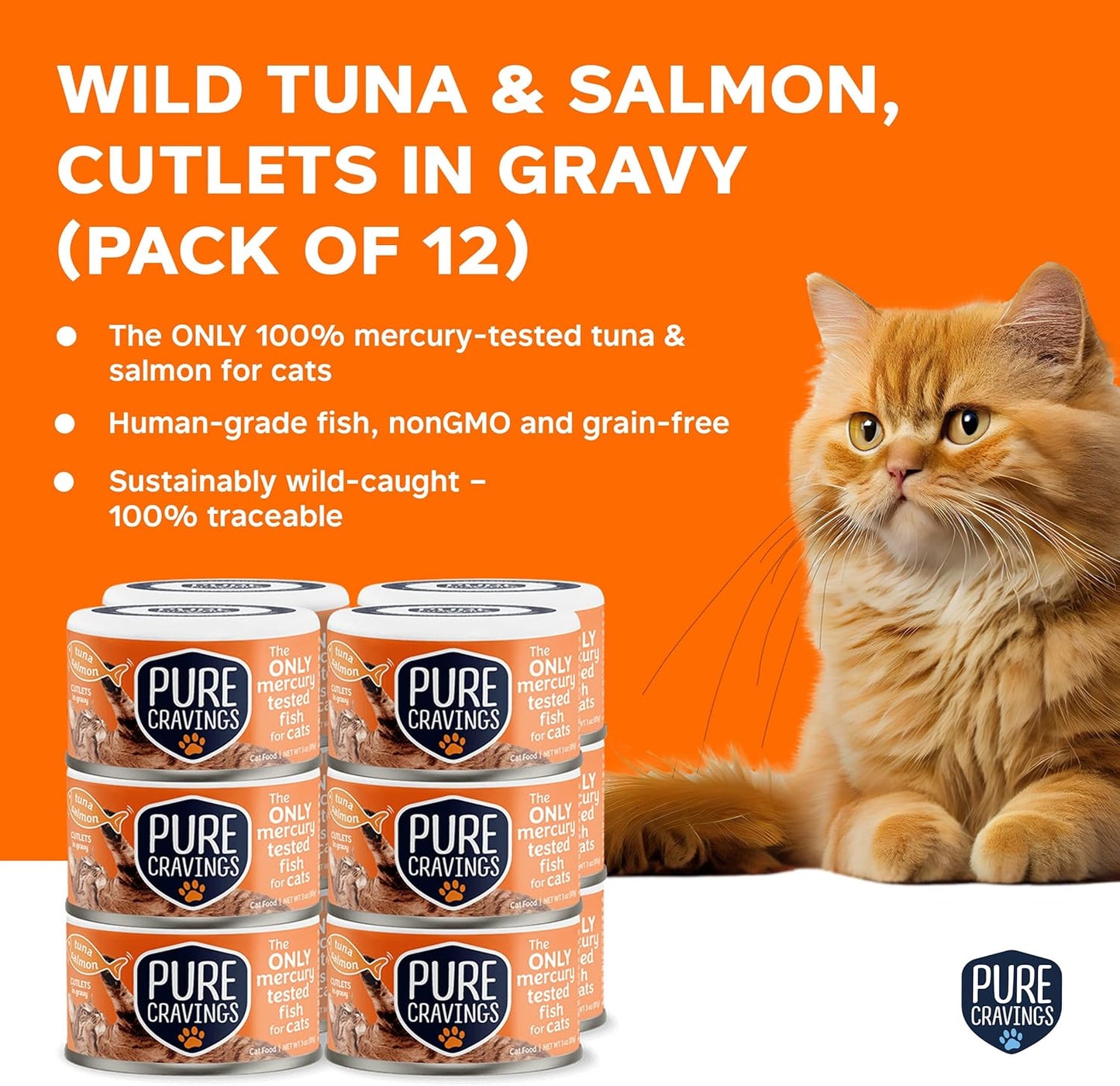 Wet Cat Food Canned Tuna and Salmon Cutlets in Gravy, 100% Mercury-Tested, Moist Can Fish for Cats, Grain-Free, Protein, Non-GMO, Pack of 12