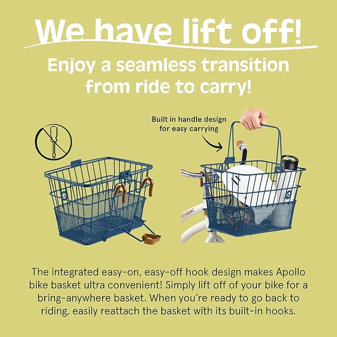 Retrospec Apollo Detachable Front Bike Basket Steel Half-Mesh with Integrated Detachable Hooks and Built-In Handle, Easy Assembly and Portability for Bicycles