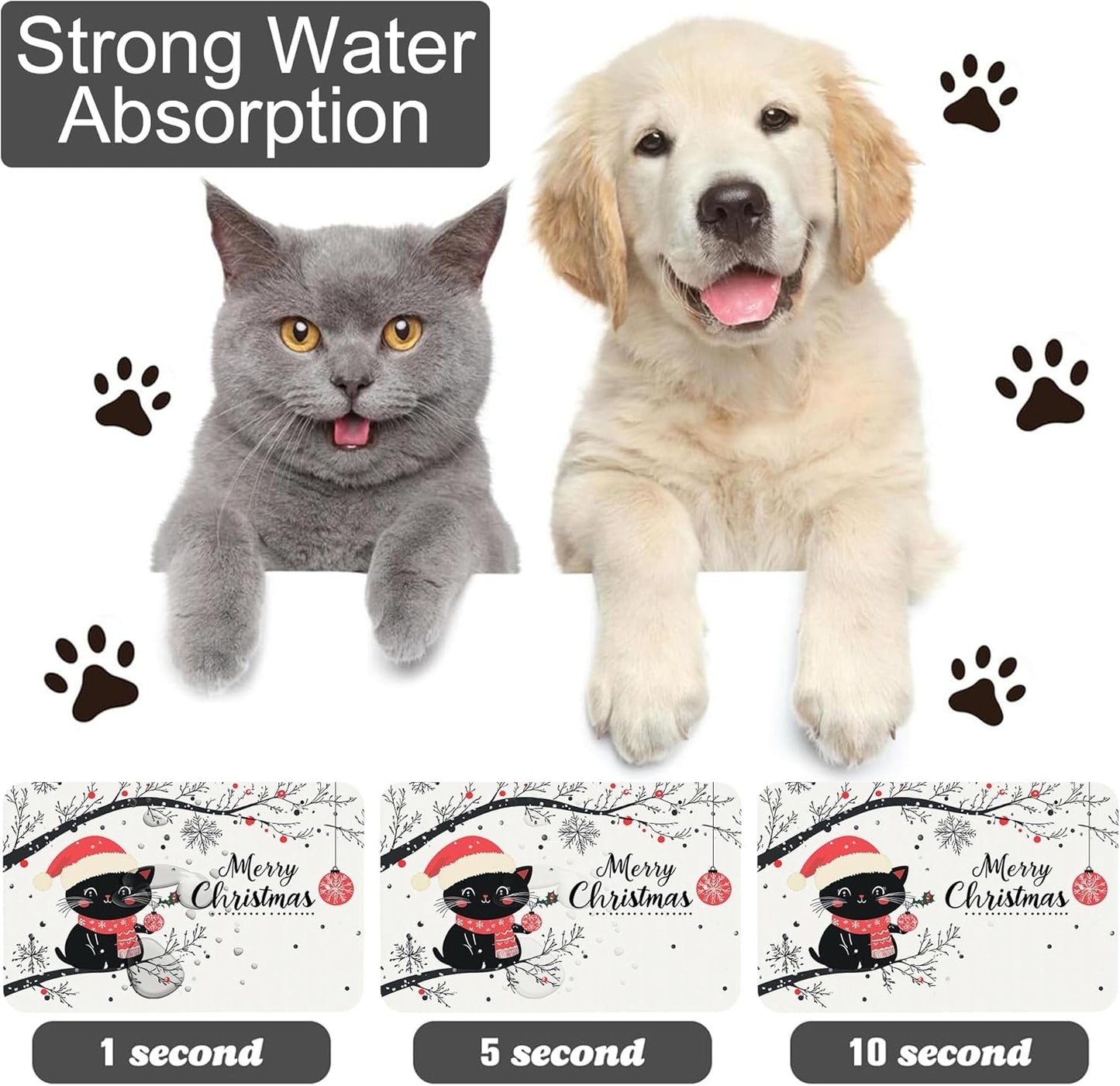 Christmas Black Cat Pet Feeding Mat-Quick Dry Absorbent Dog Cat Food Mat, Anti-Slip Water Bowl Mats for Messy Eaters-No Stains Indoor Pet Accessories 12"x20"