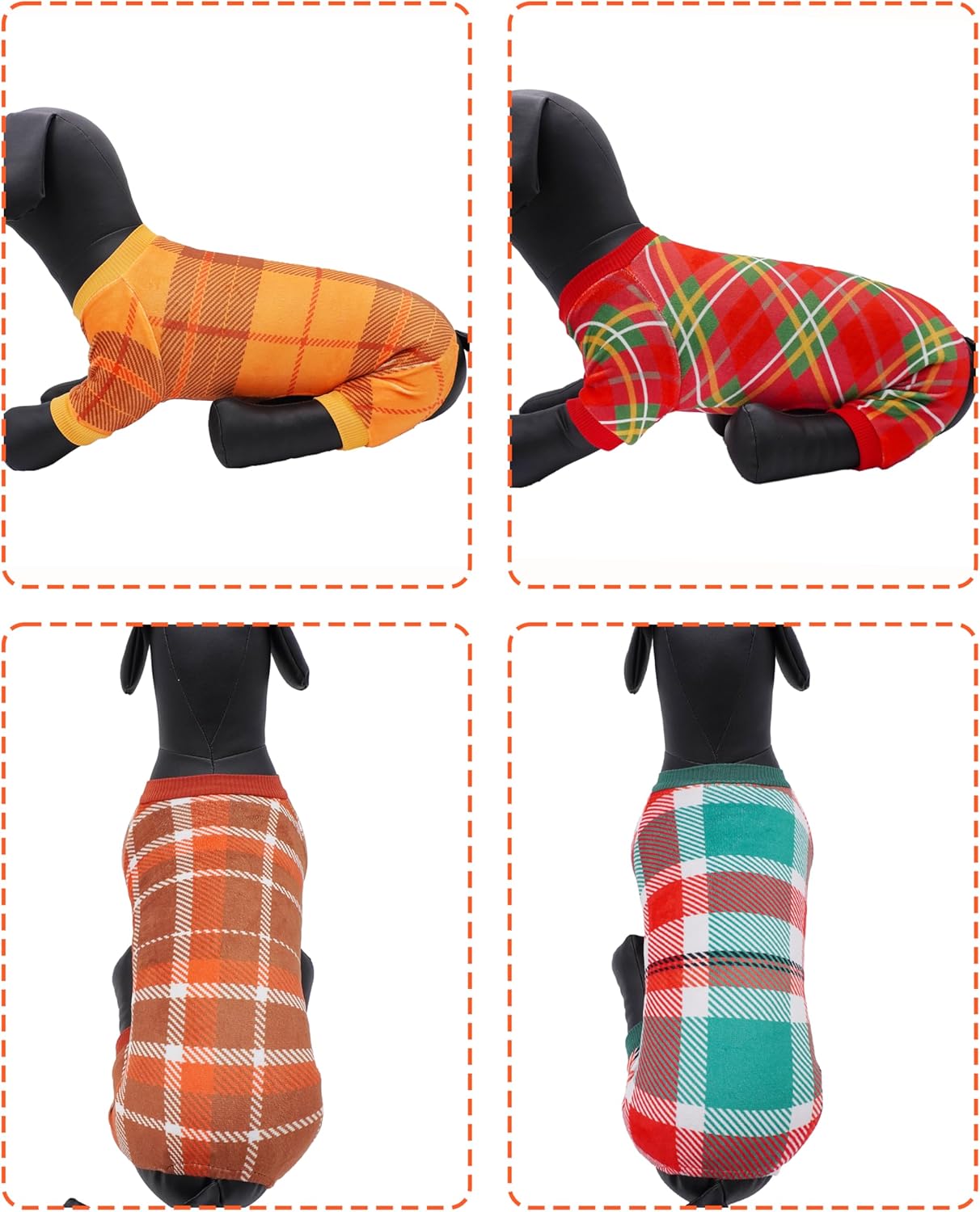 PET SHOW 4 Pack Small Dog Pajamas Holiday Dog Clothes for Medium Dogs Girl Boy Soft Stretchy PJs Plaid Jumpsuit Puppy Fall Onesies Outfits with Sleeve Pets Dachshund Costume(XL, Plaid)