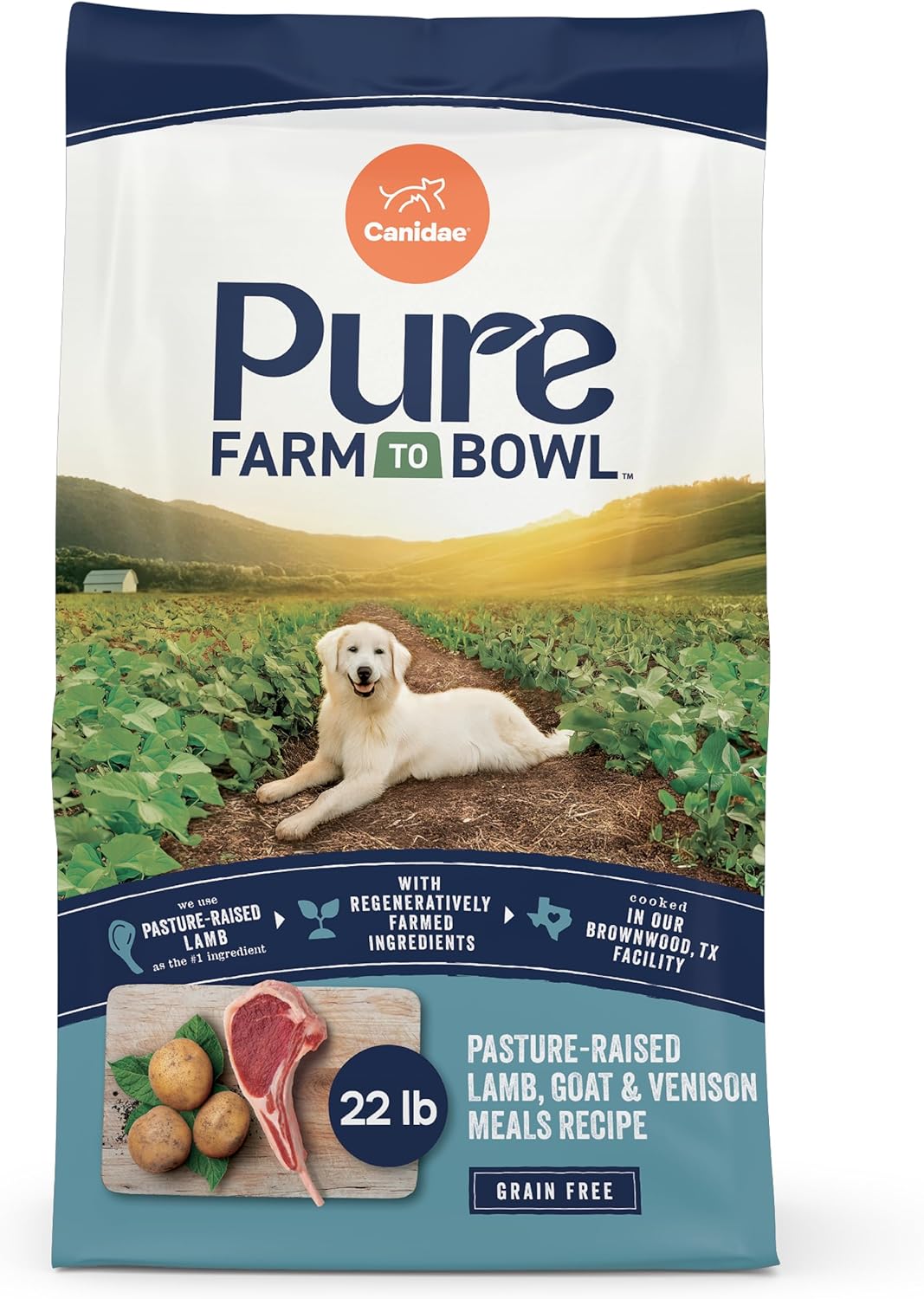 Canidae Pure Farm to Bowl Pasture-Raised Lamb with Goat & Venison Meals, Adult, Grain-Free Dry Dog Food, 22lb