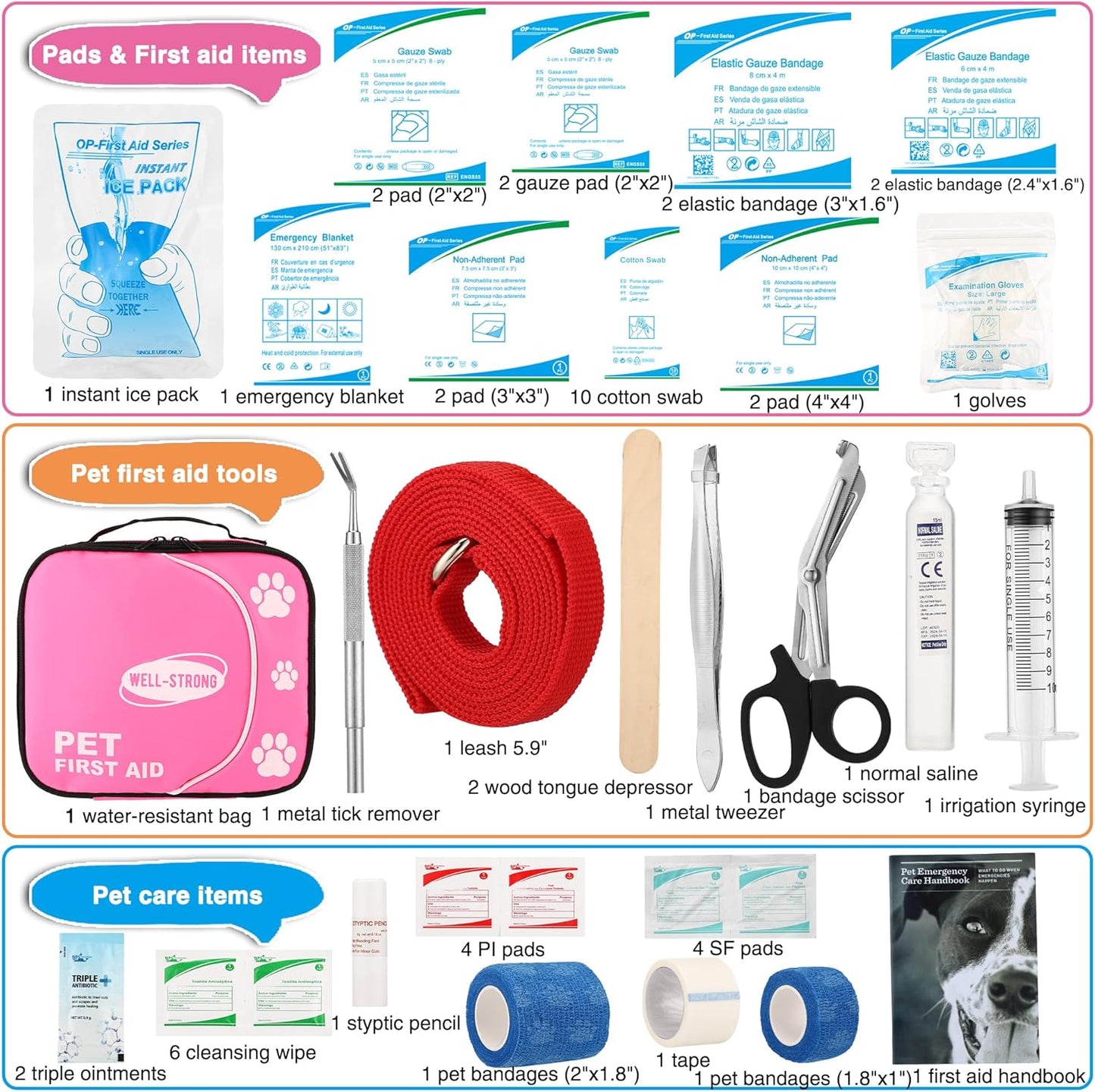 Pet First Aid Kit - Vet-Approved Survival Essentials for Dogs & Cats | Immediate Care Emergency Supplies with Trauma Pad, Tweezers & Bandages | Compact Travel Kit for Home, Camping, Car