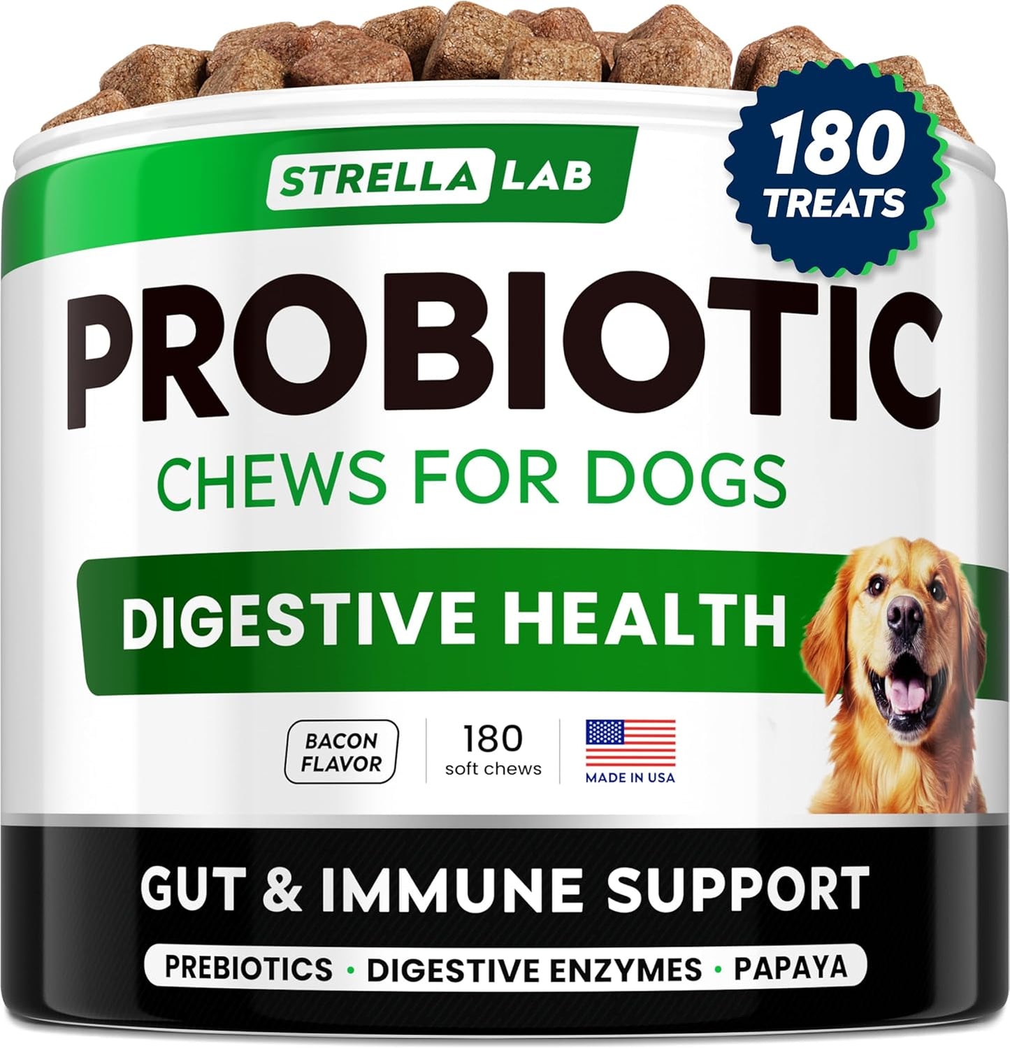 StrellaLab Dog Probiotics Treats for Picky Eaters (180ct) - Digestive Enzymes + Prebiotics - Chewable Fiber Supplement - Allergy, Diarrhea, Gas, Constipation, Upset Stomach Relief - Improve Digestion