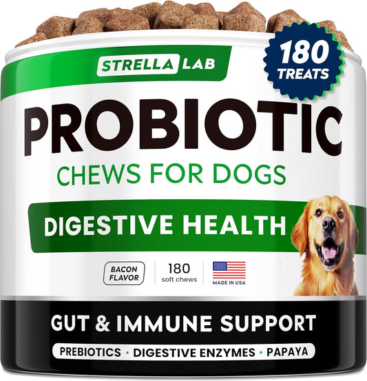 StrellaLab Dog Probiotics Treats for Picky Eaters (180ct) - Digestive Enzymes + Prebiotics - Chewable Fiber Supplement - Allergy, Diarrhea, Gas, Constipation, Upset Stomach Relief - Improve Digestion