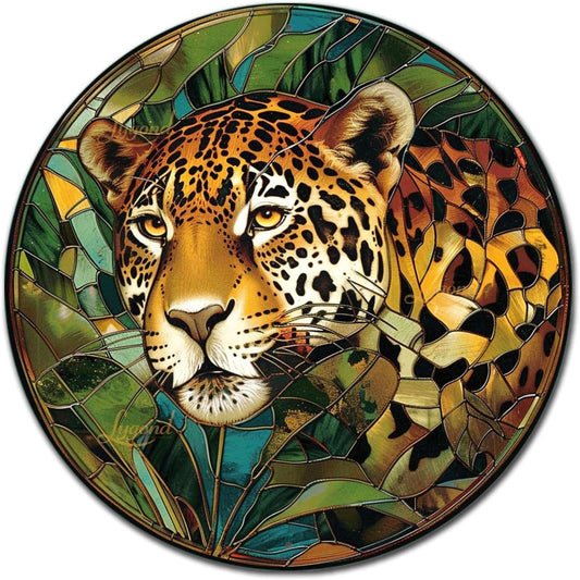 Lygond Metal Sign Tin Sign Circular Stained Glass jaguar Tin Signs for Women for Patio 8×8 Inches