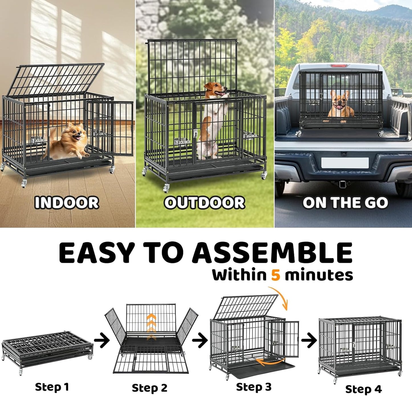 Homey Pet Three Levels 37 Inch Dog Crate, Escape Proof Dog Cage Kennel Indoor with Top Access and Lockable Wheels, Removable Tray, Heavy Duty Dog Crates for Medium/Small Dogs