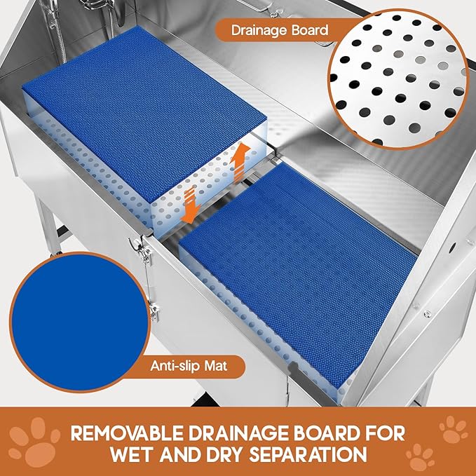 Albott 60 Inch Stainless Steel Dog Washing Station with Anti-Slip Steps, Sprayer, Faucet, Soap Box, Tow Rope – Professional Pet Bathtub for Large Pets, Ideal for Home, Garage, and Grooming(Left)