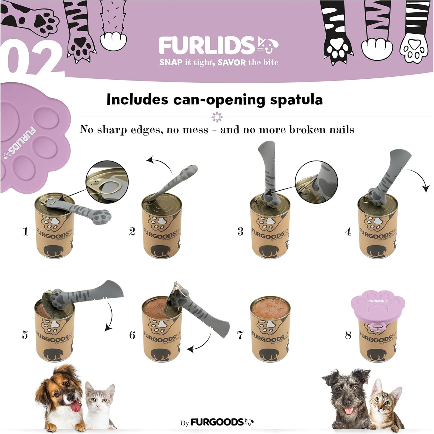 FurLids Silicone Pet Food Can Cover Lids Spatula for Dog & Cat Fresh Wet Food | Fits 3, 5.5, 12 oz | Airtight Snap Seal, Reusable, Dishwasher & Fridge Safe (Multicolor lids and grey spatula)