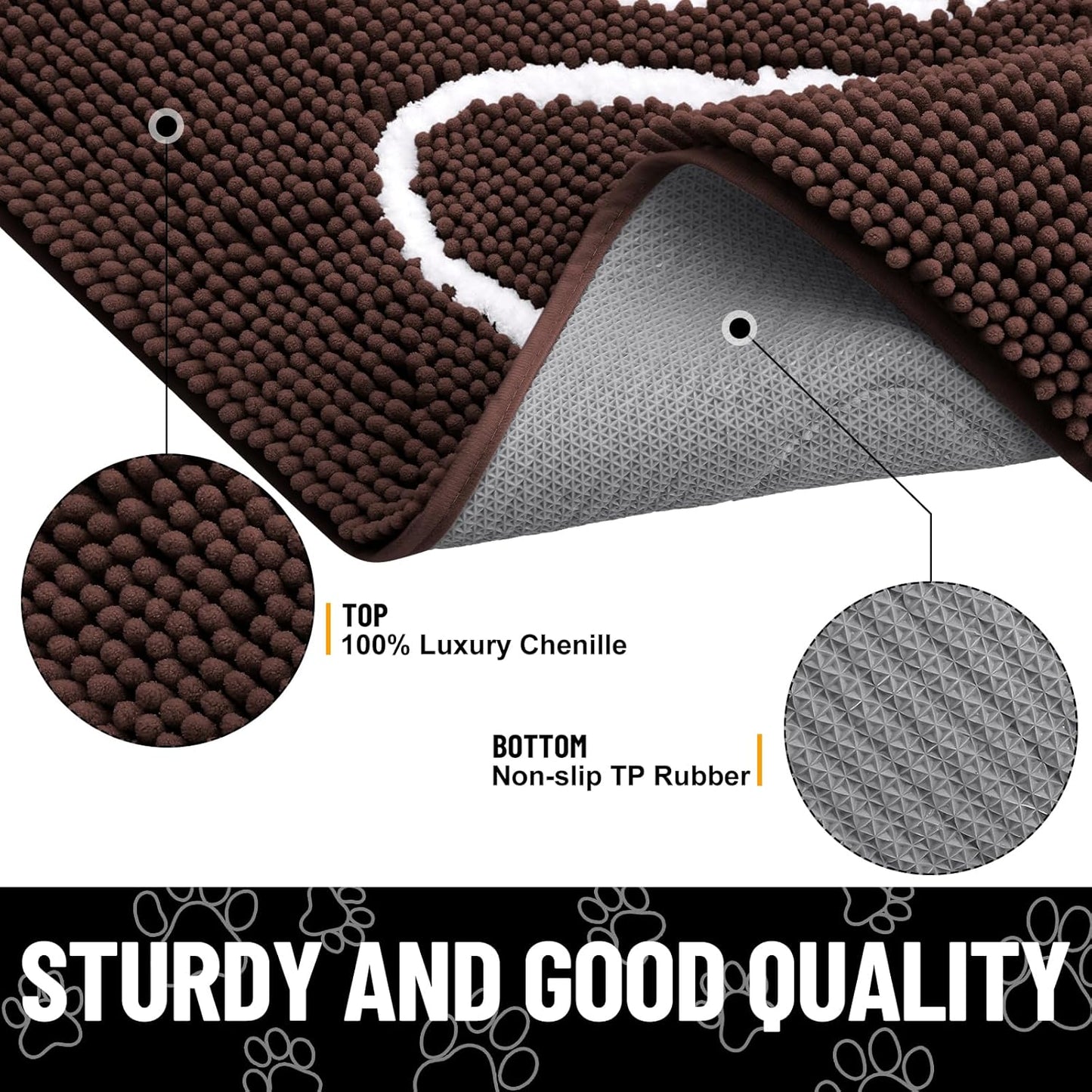 Smiry Dog Door Mat for Muddy Paws, Absorbent Dirt Trapper Non Slip Quick Dry Washable Chenille Mat for Mud Dogs, Entry Rug for Indoor and Outdoor (70x24 Inches, Brown and White)