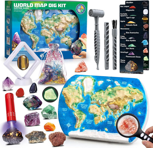 World Map Dig Kit - Gem Rocks Excavation Kit, Gemstone for Kids, Fossil Rock Toys Dig Kits for Collection, World Map Toys for Boys Girls 6 and up Year Old Birthday Gifts