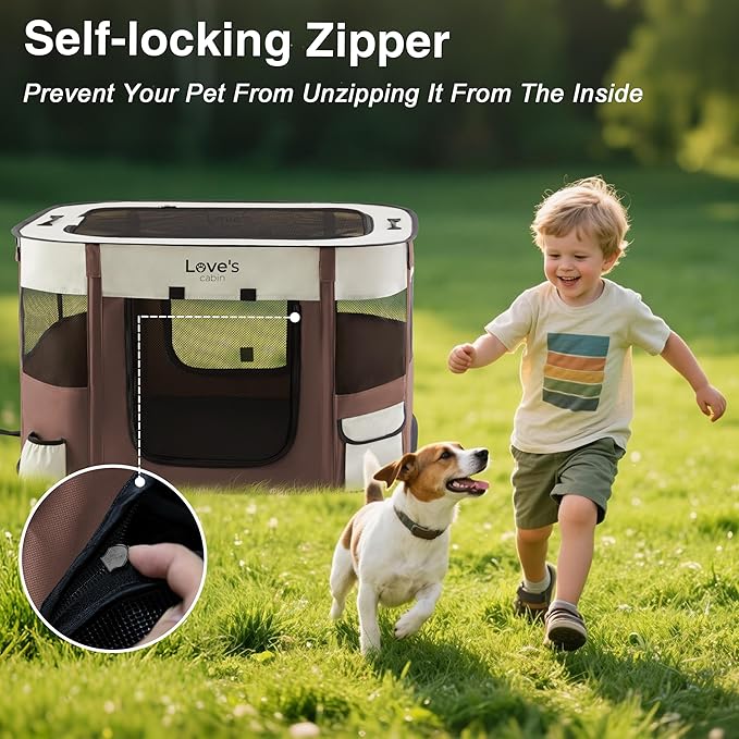 Love's cabin Pet Puppy Dog Playpen, Small Dog Tent Crates Cage Indoor/Outdoor, Portable Exercise Playpen for Cat, Foldable Pop Up Dog Kennel Playpen with Carring Case (S, Brown)